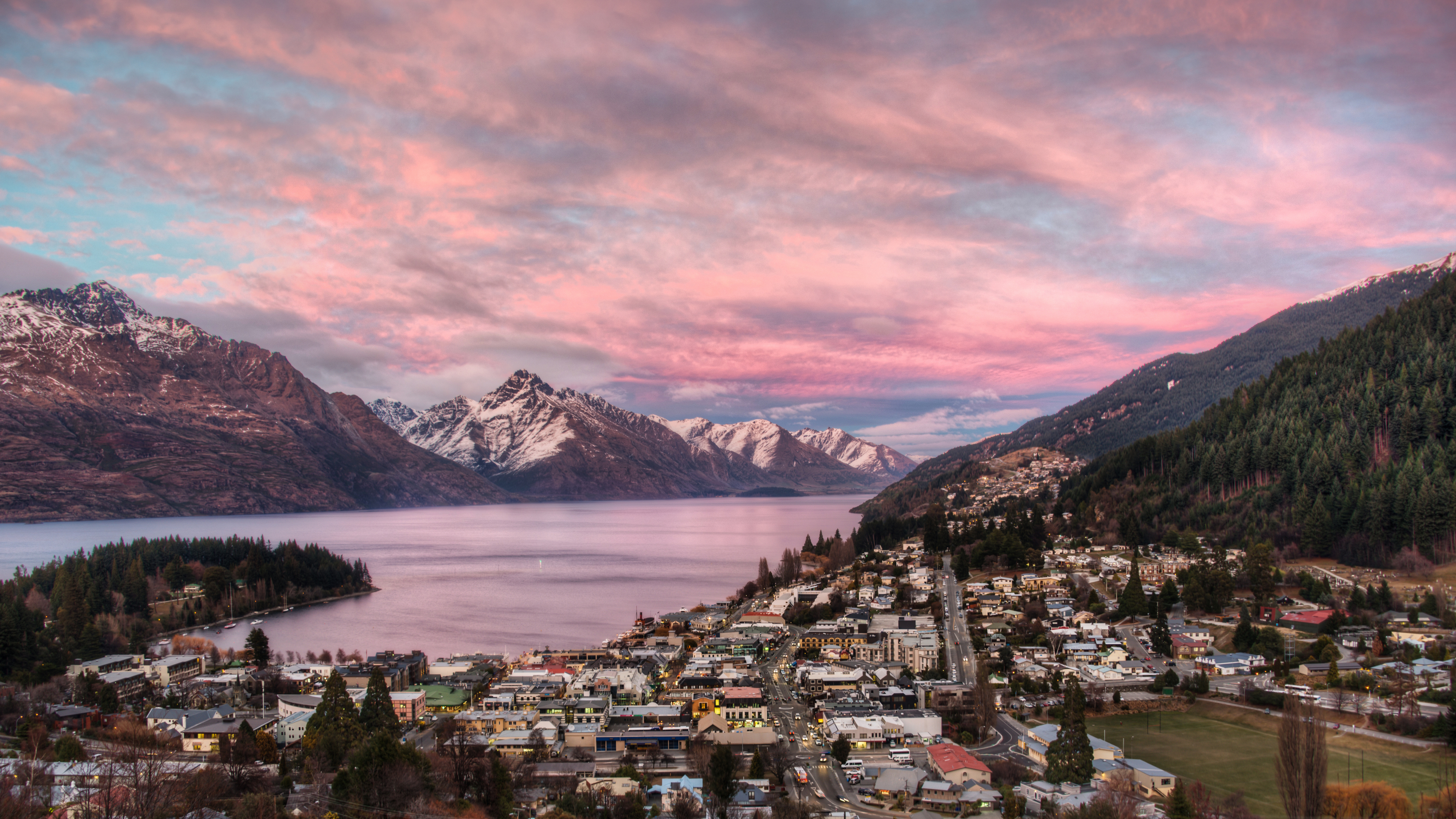 General 3840x2160 landscape 4K Queenstown New Zealand city mountains snow clouds sky sunset glow