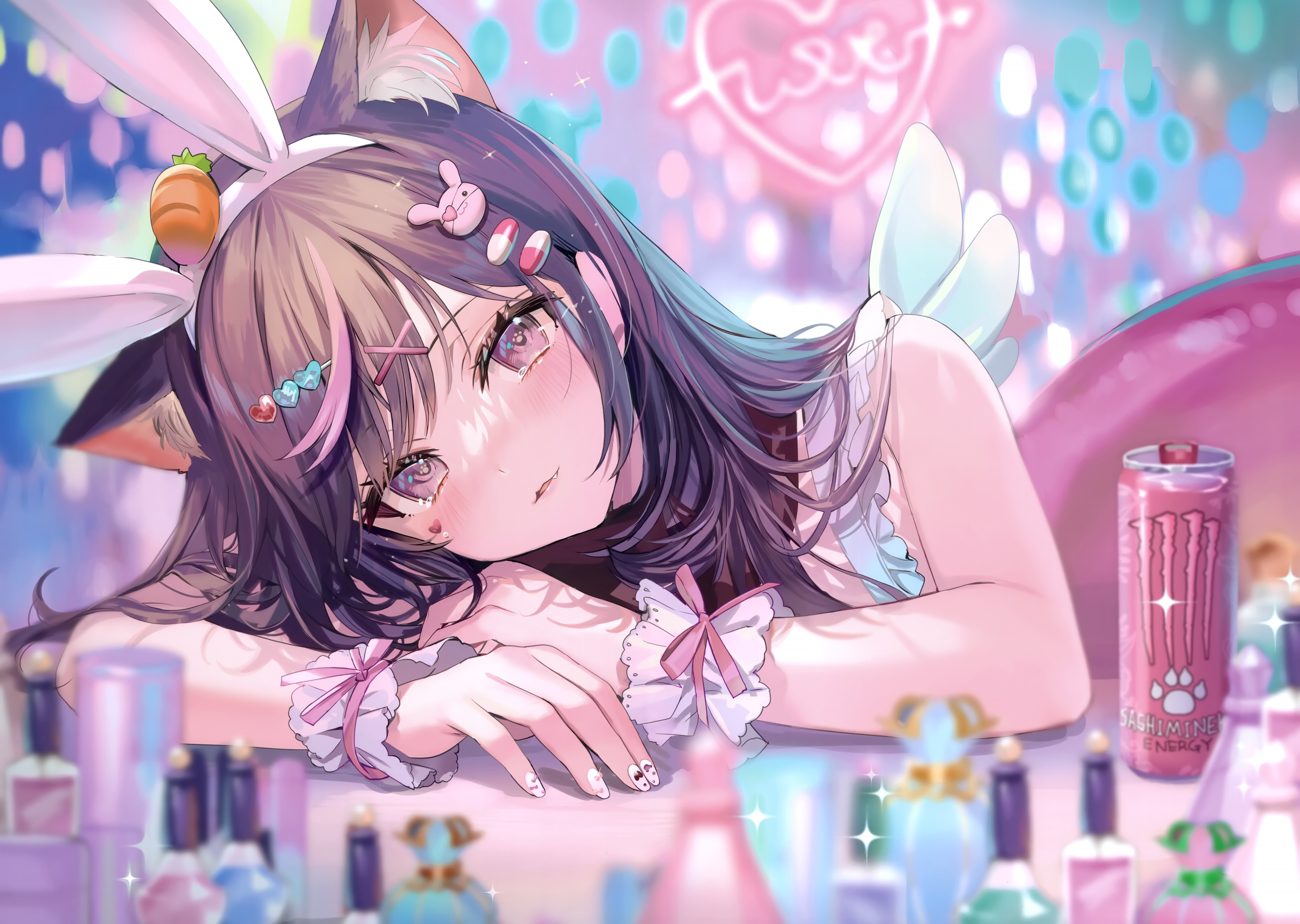 Anime 3500x2487 anime anime girls bunny ears makeup Monster Energy painted nails tears energy drinks cat girl cat ears