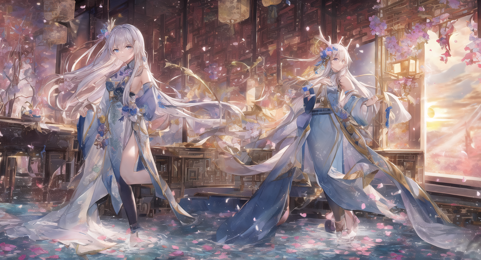 Anime 1536x832 anime girls anime water underwater long hair fantasy architecture Chinese dress petals
