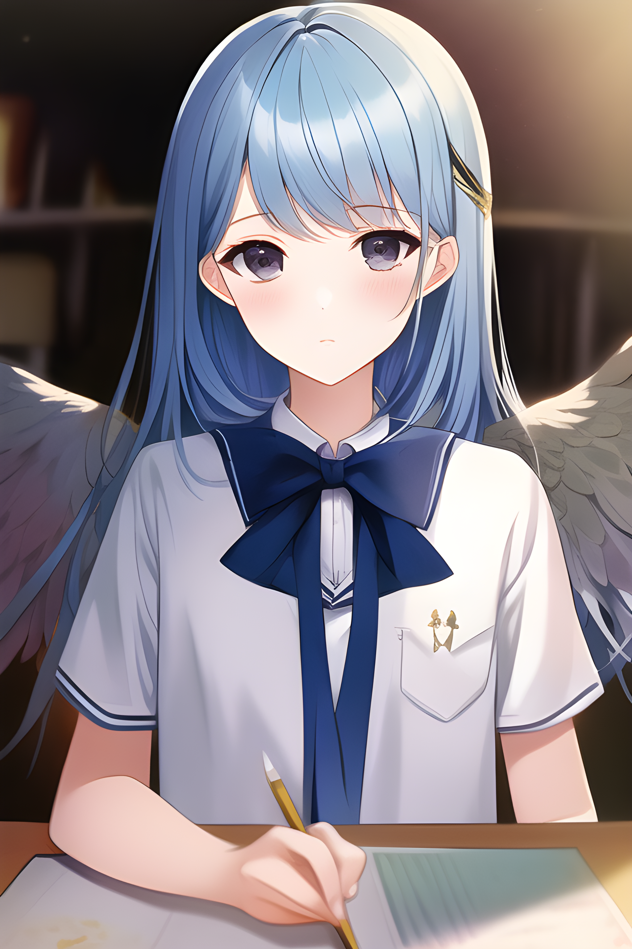 Anime 2048x3072 school uniform blue hair angel black eyes classroom anime girls angel wings wings schoolgirl