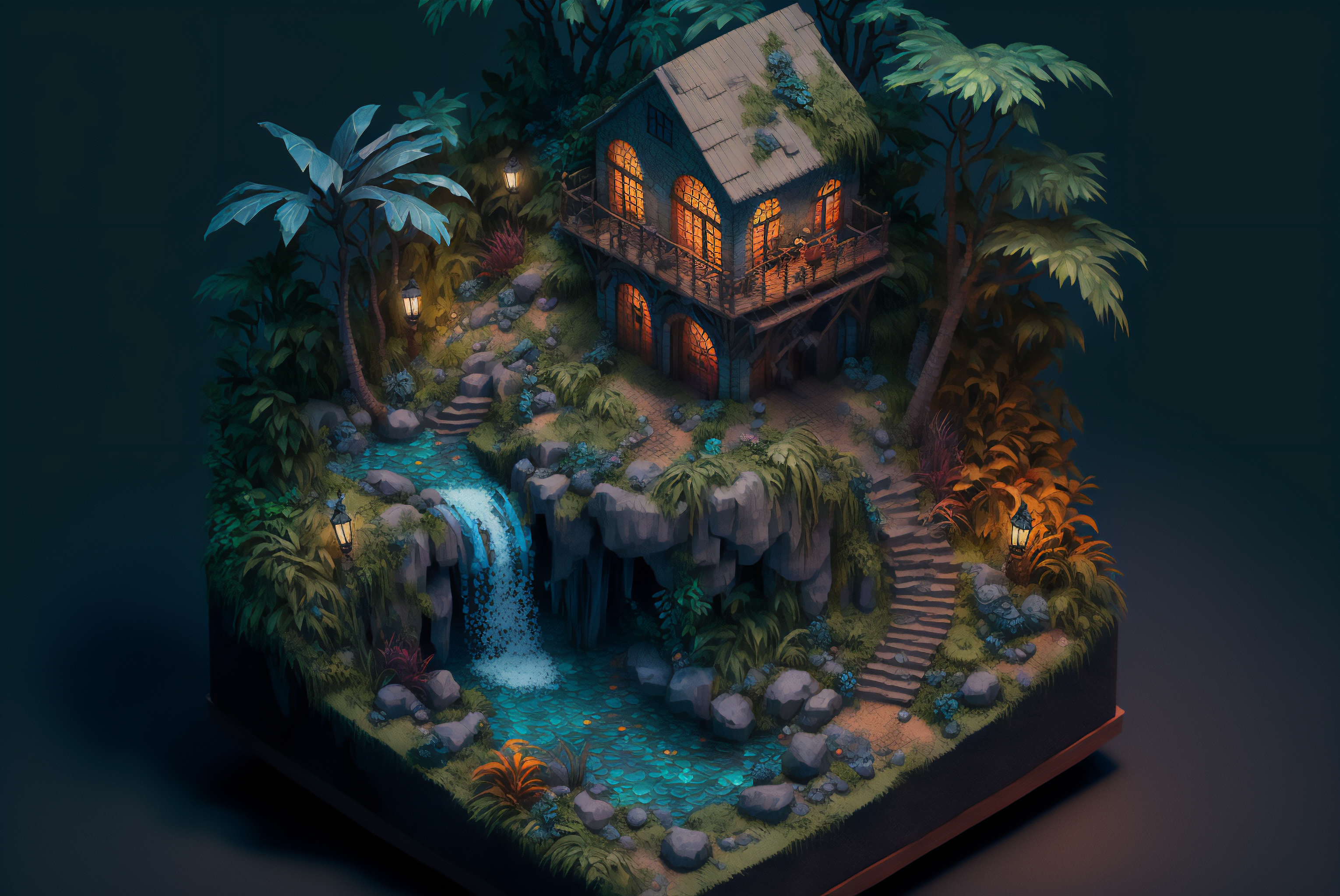General 3060x2048 diorama isometric waterfall tropical palm trees house stairs water AI art