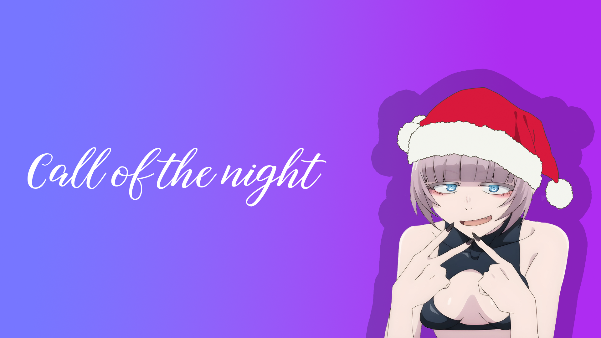 cleavage, blue eyes, Call of the Night, anime girls, Nazuna Nanakusa,  purple background, Santa hats, minimalism, simple background