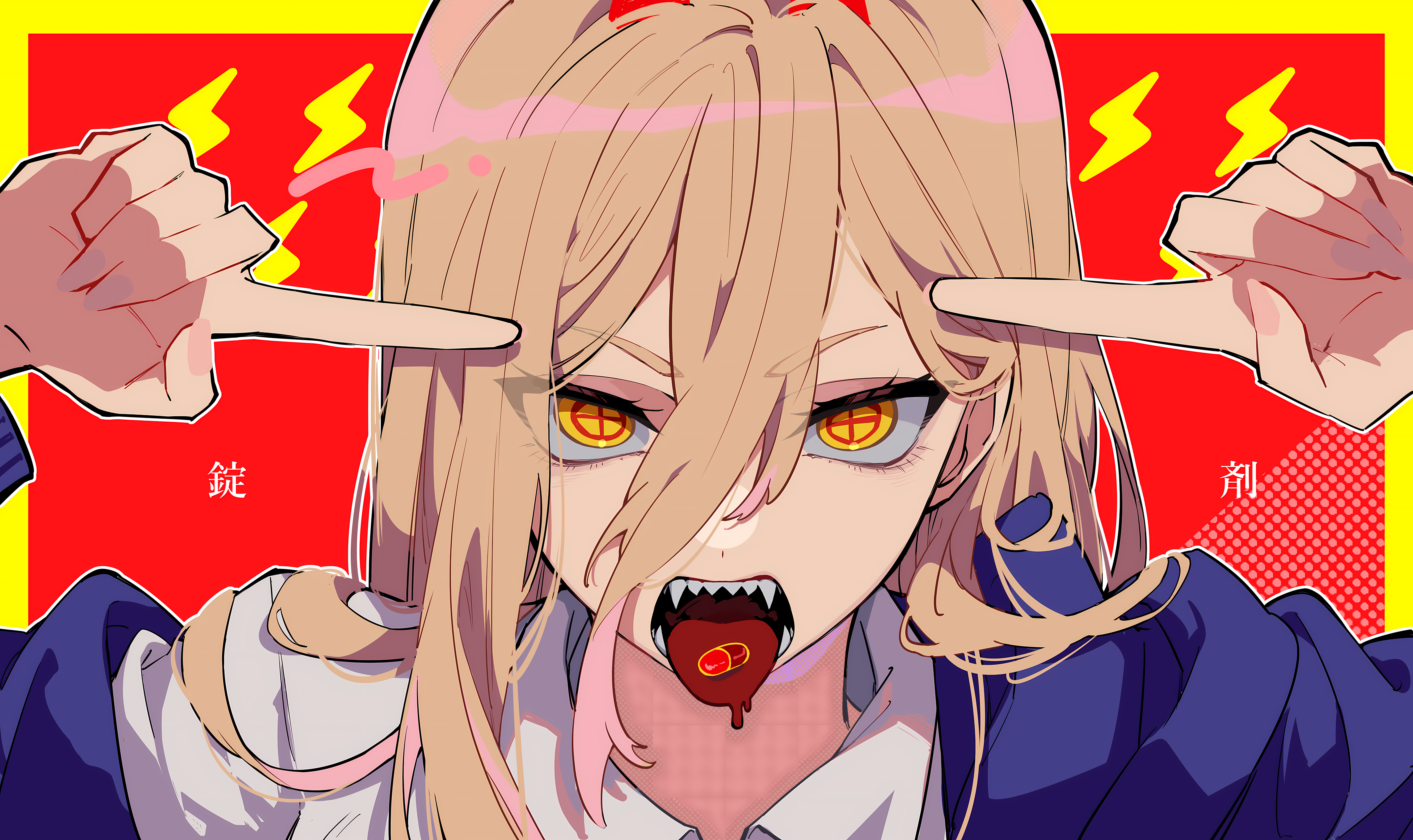 Anime 7400x4400 Power (Chainsaw Man) Chainsaw Man anime anime girls tongue out yellow eyes open mouth hair between eyes tongues pointy teeth long hair looking at viewer kanji simple background blonde pills