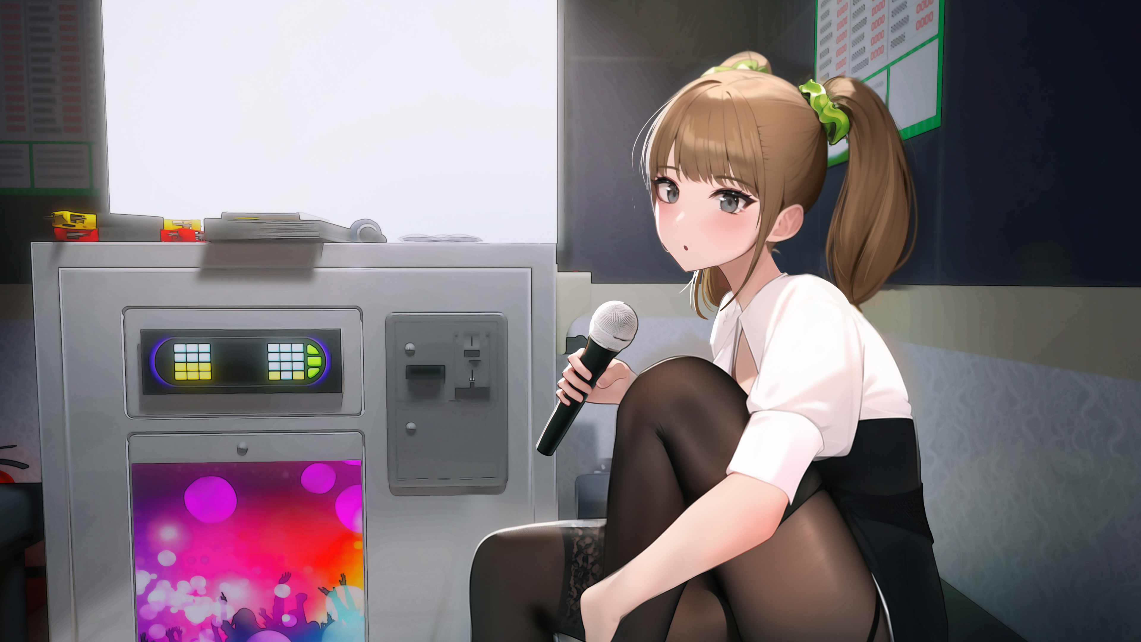 Anime 3840x2160 anime anime girls microphone pantyhose twintails brunette Jungon gray eyes women indoors looking at viewer bent legs sitting