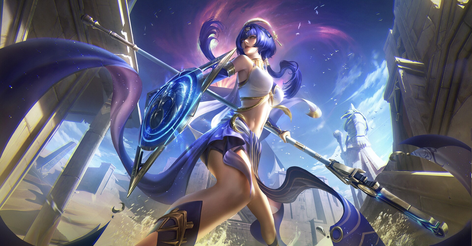 Anime 1920x1002 anime anime girls Genshin Impact Candace (Genshin Impact) dark blue hair low-angle sky statue shield belly dark skin drawing video game characters Mr Xior