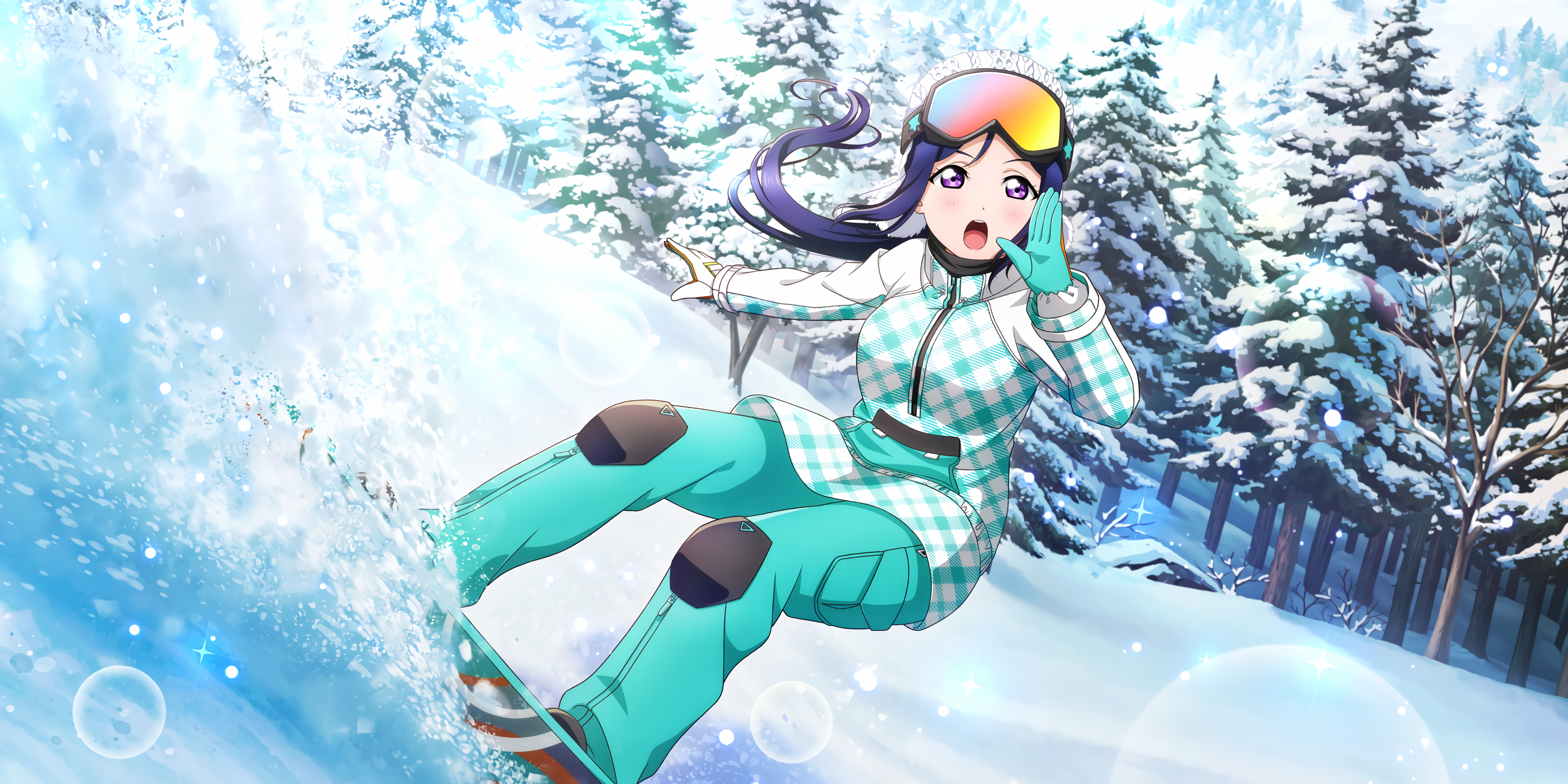 Anime 3600x1800 Matsuura Kanan Love Live! Sunshine Love Live! anime anime girls snow gloves trees snowboarding snowboards