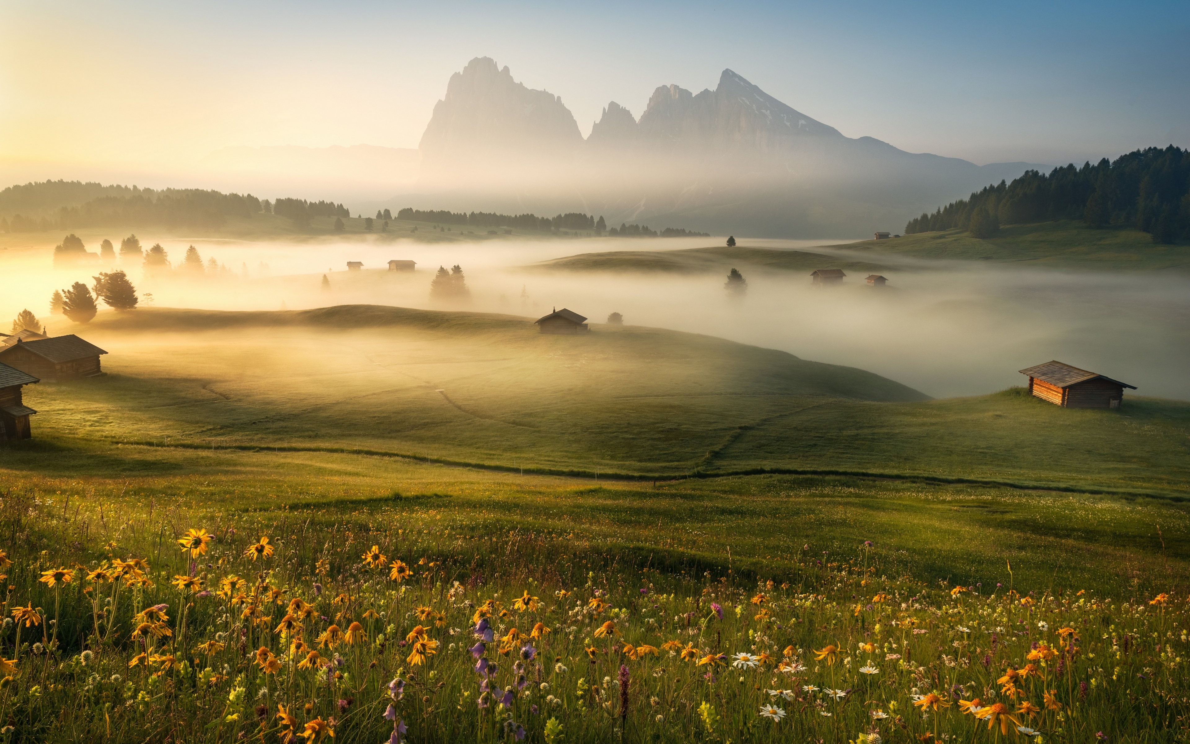 General 3840x2400 Italy landscape sky nature field mist flowers hills mountains Dolomites