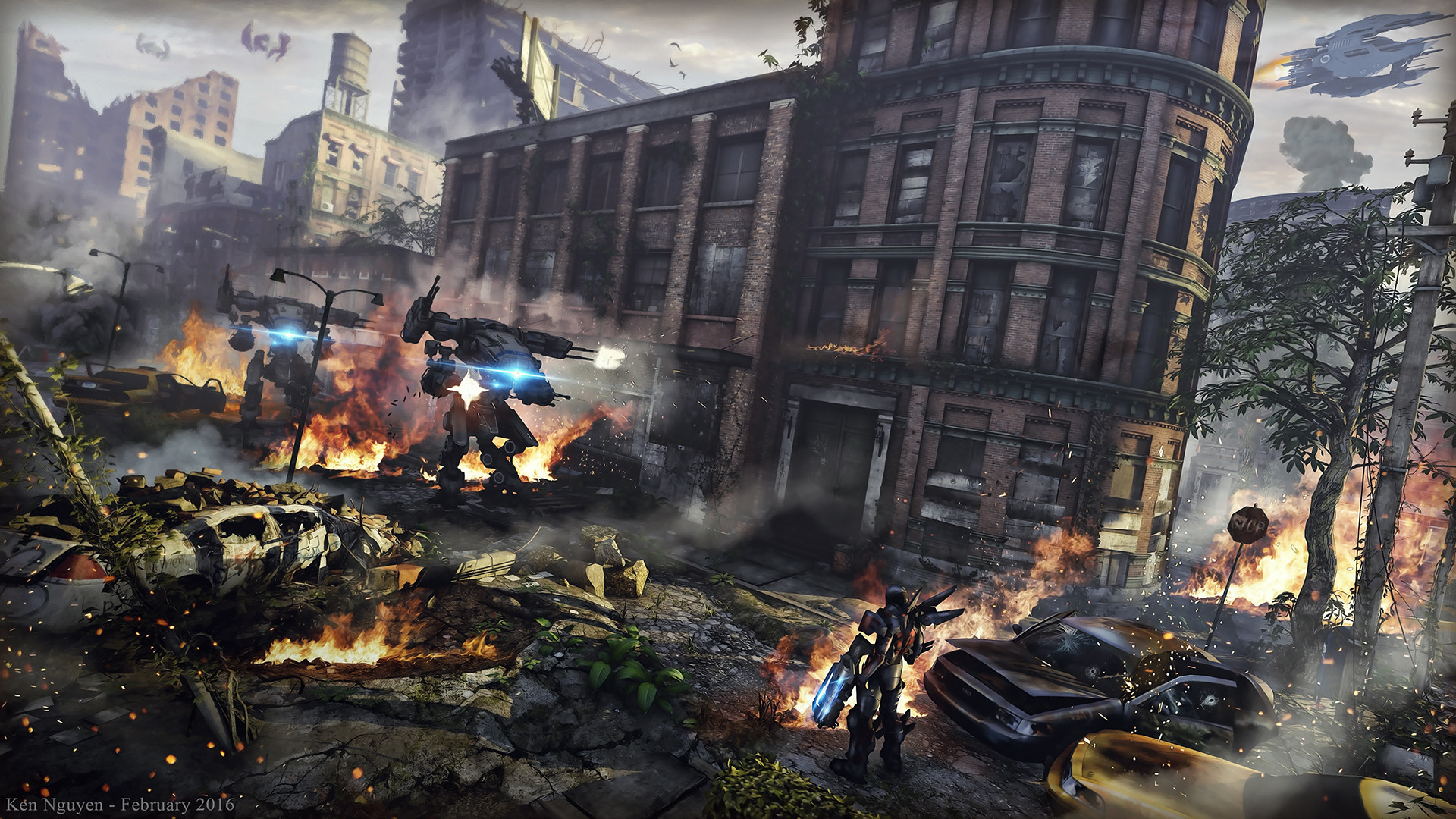General 1920x1080 science fiction high tech aliens fire city debris ruins humanoid battlesuit drone smoke