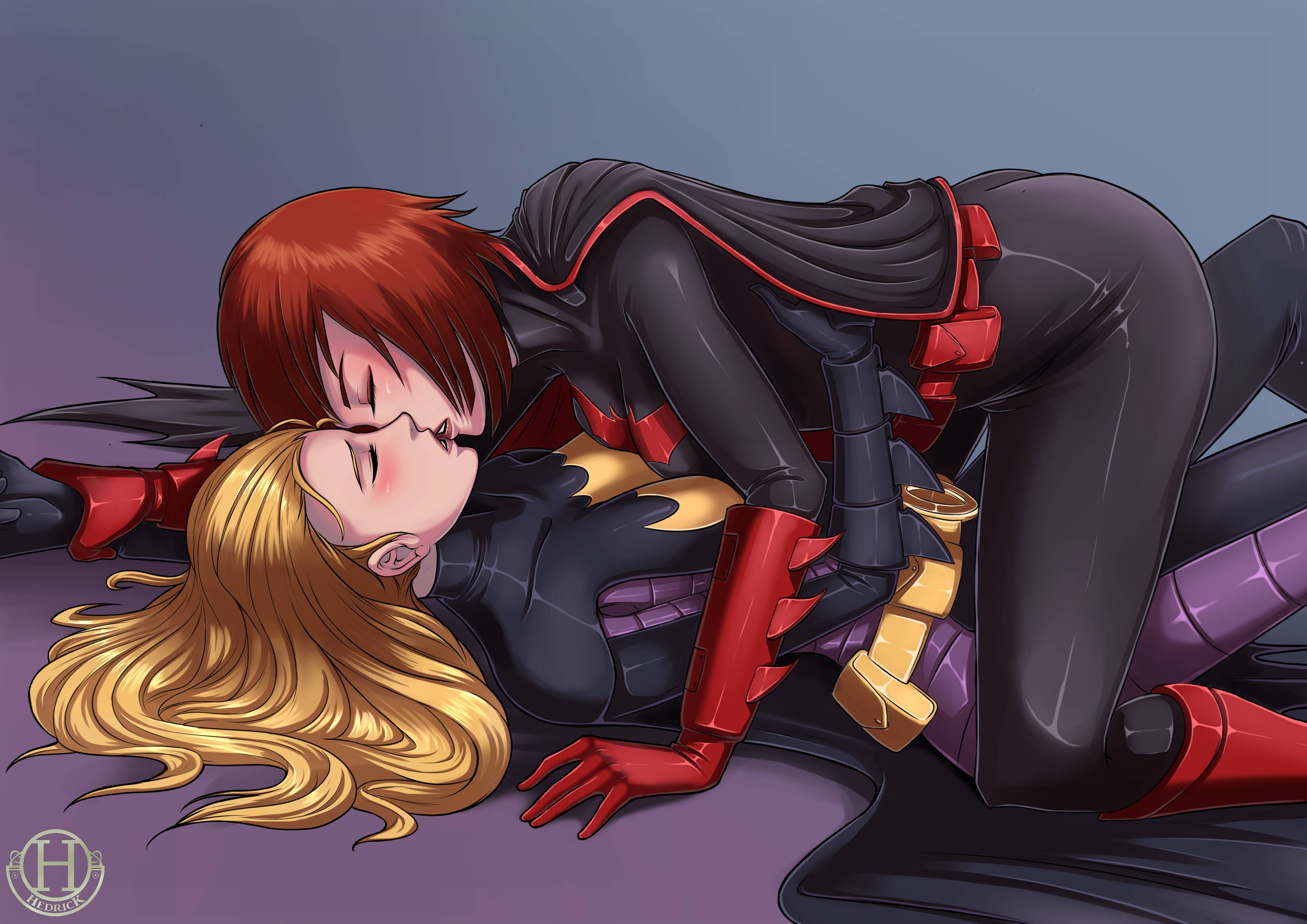 Anime 4092x2893 Batwoman Kate Kane Batgirl Barbara Gordon lesbians two women kissing DC Comics redhead blonde