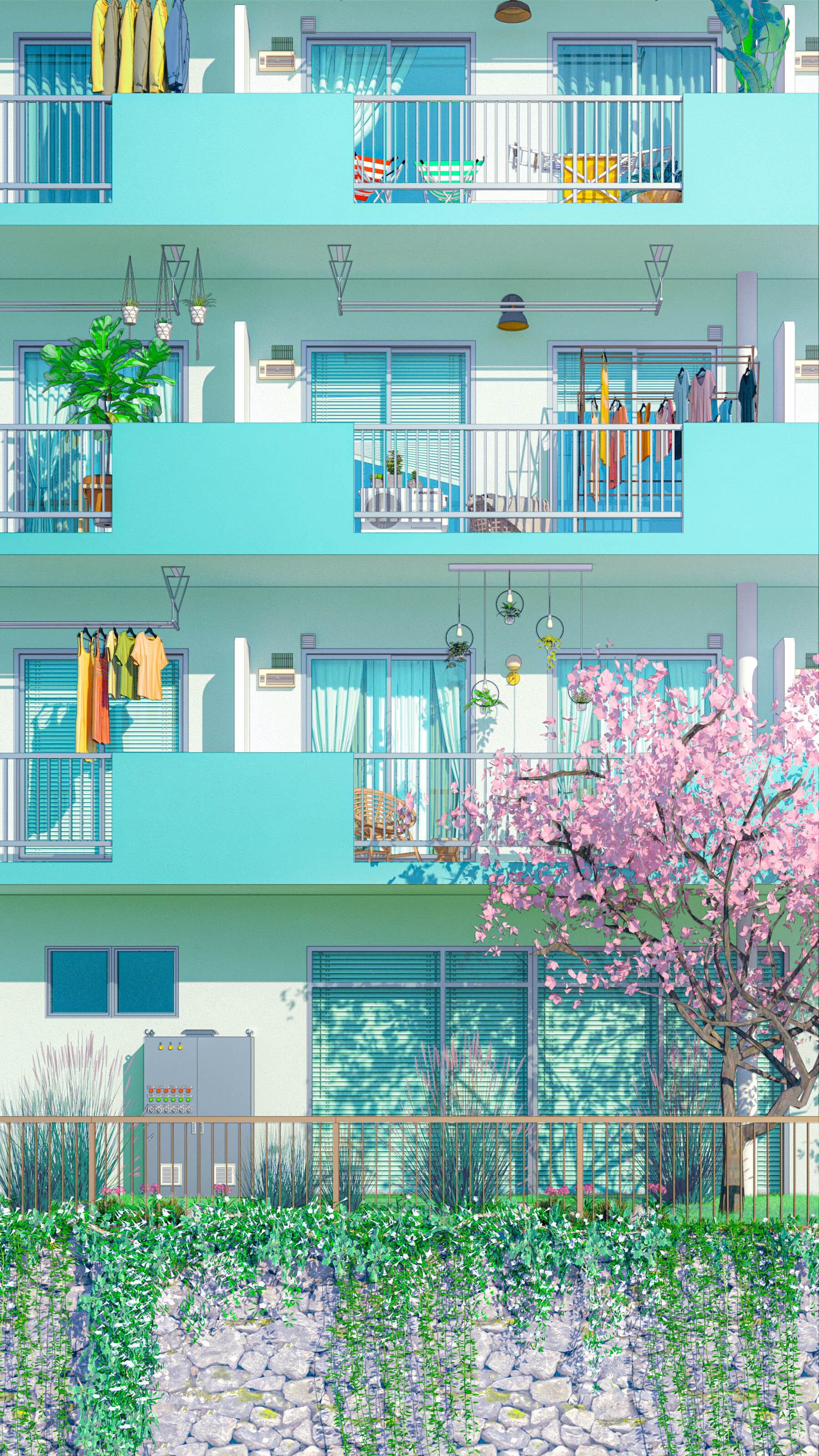 General 1800x3200 artwork digital art building balcony trees washing clothes deck chairs apartments ivy flowerpot