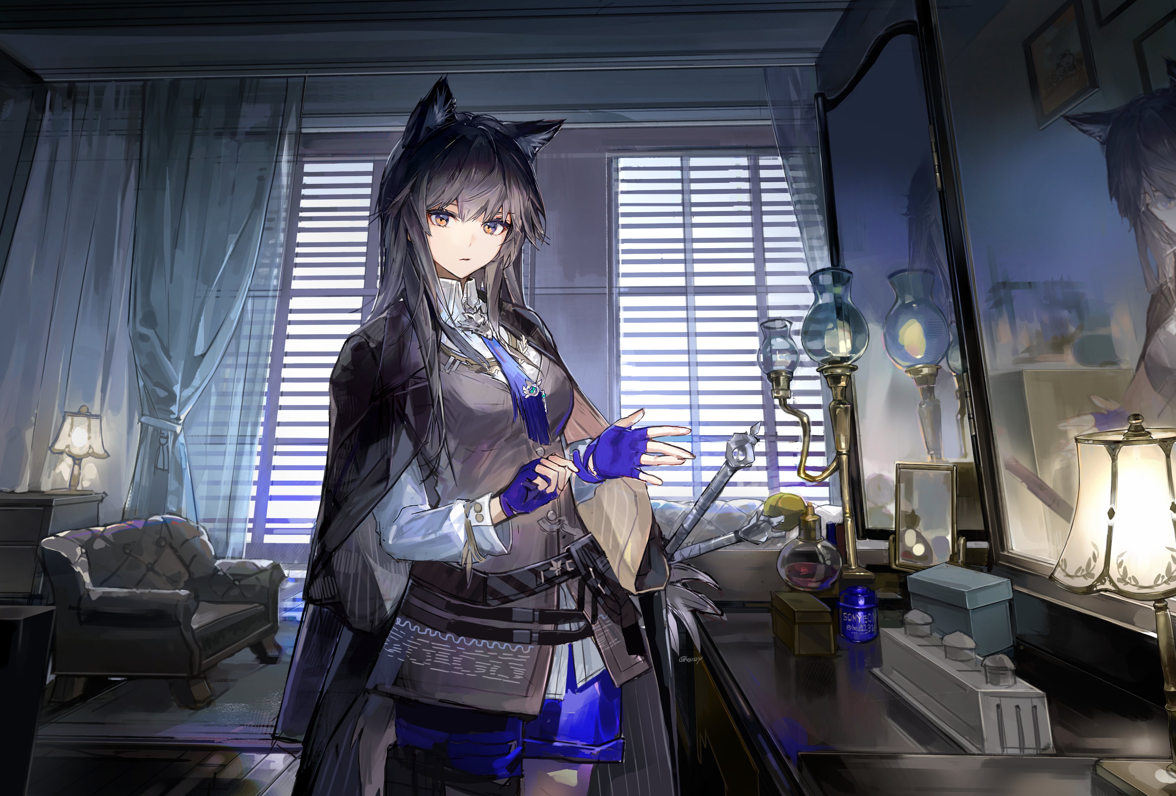 Anime 4096x2773 anime girls Arknights animal ears Texas (Arknights) wolf girls wolf tail looking at viewer gloves fingerless gloves curtains couch long hair reflection lamp wolf ears