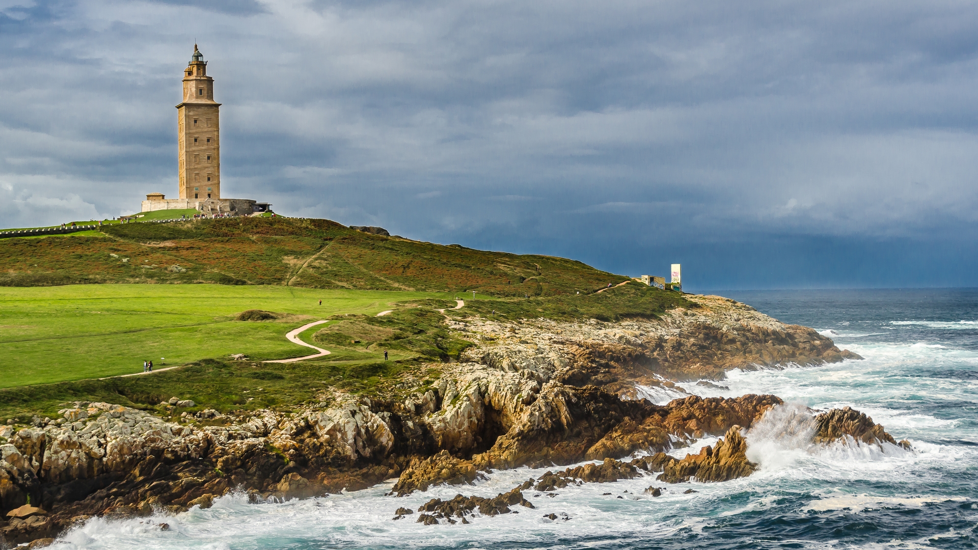 General 1920x1080 landscape Coruña Spain lighthouse Torre de Hercules sea clouds waves water sky rocks building