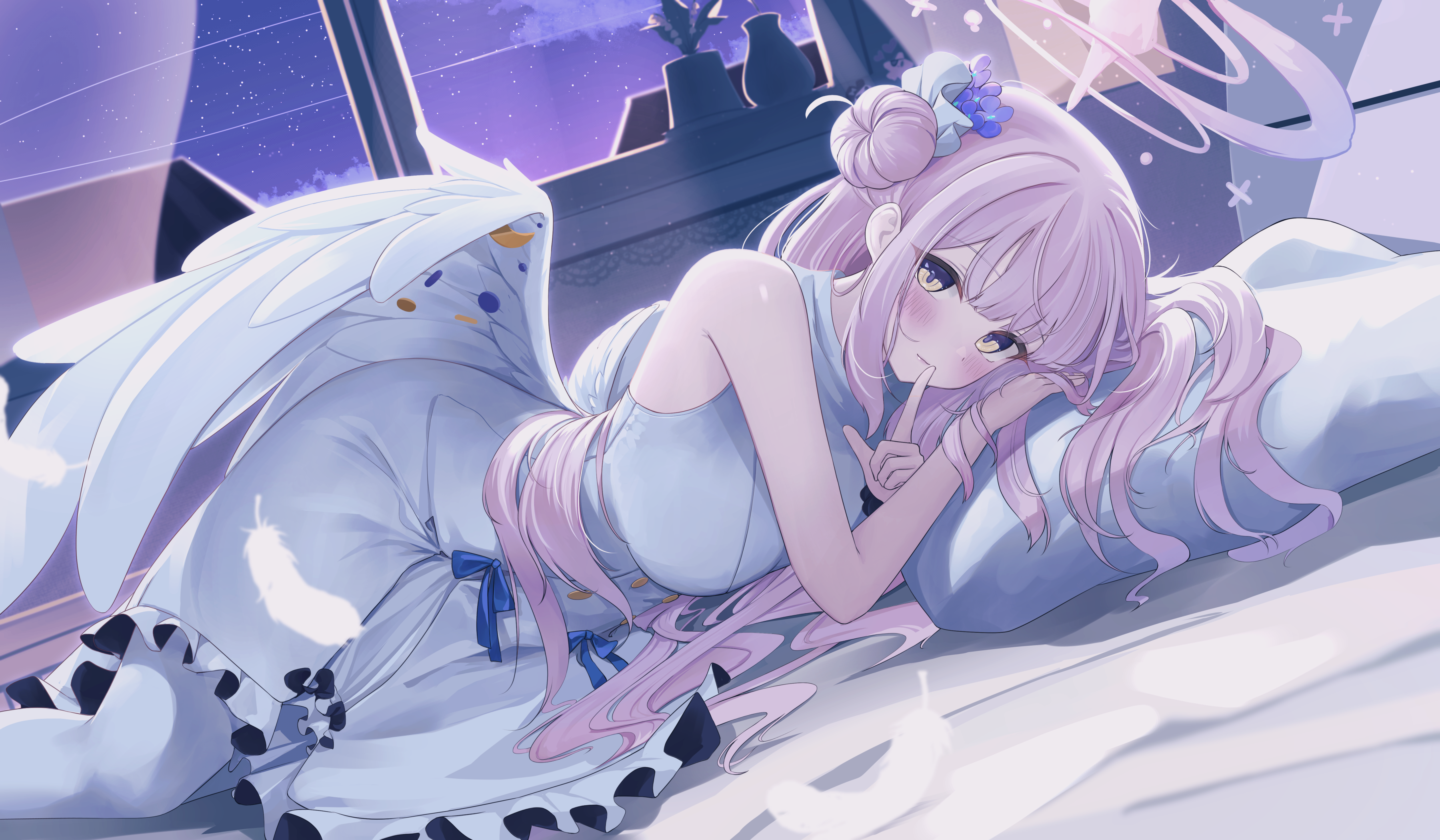 Anime 3600x2100 anime anime girls Misono Mika Blue Archive wings hairbun pink hair yellow eyes blushing pillow lying on front hush gesture looking at viewer long hair feathers