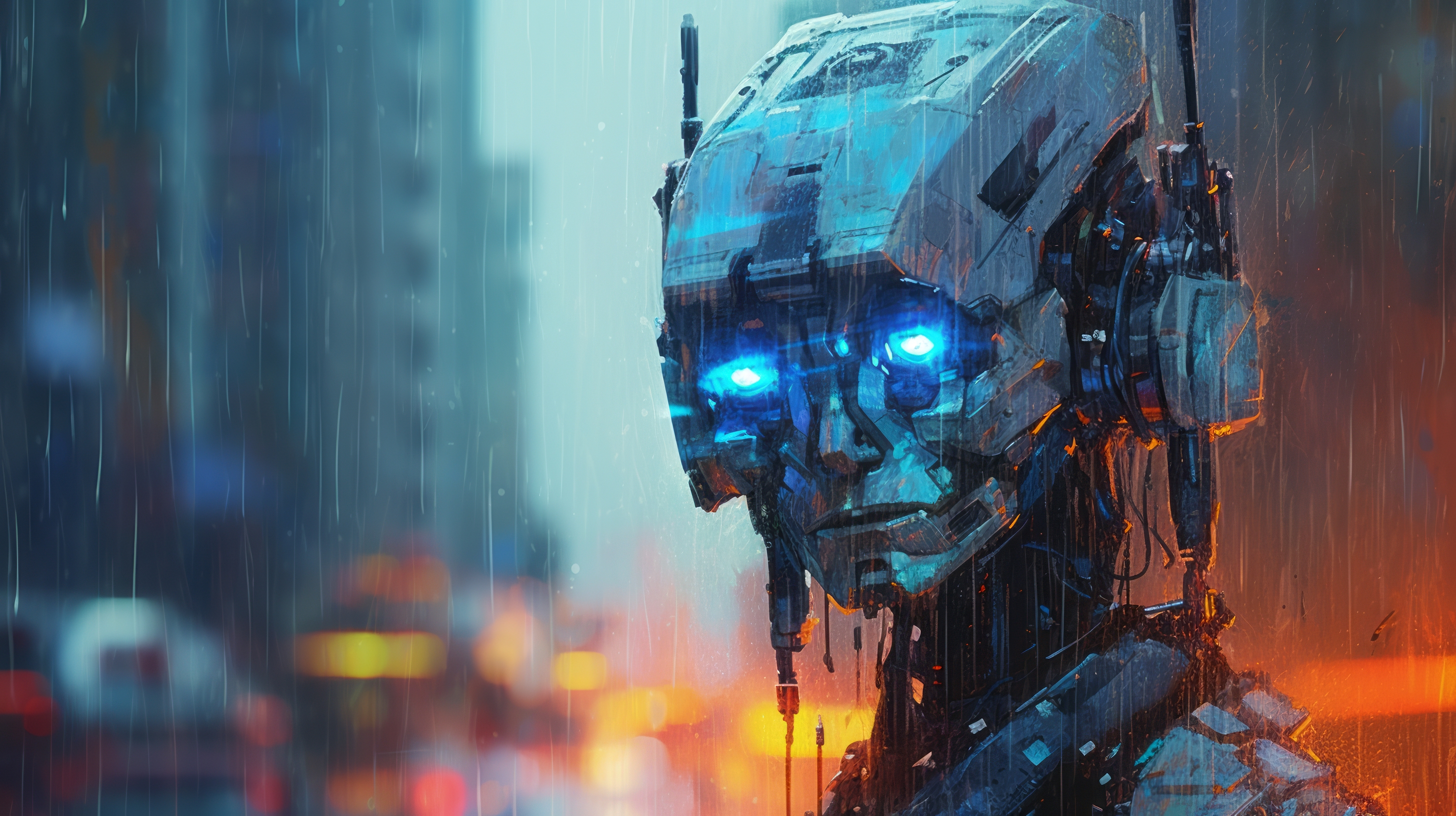 General 2912x1632 AI art illustration cyberpunk robot glowing eyes rain blurred blurry background