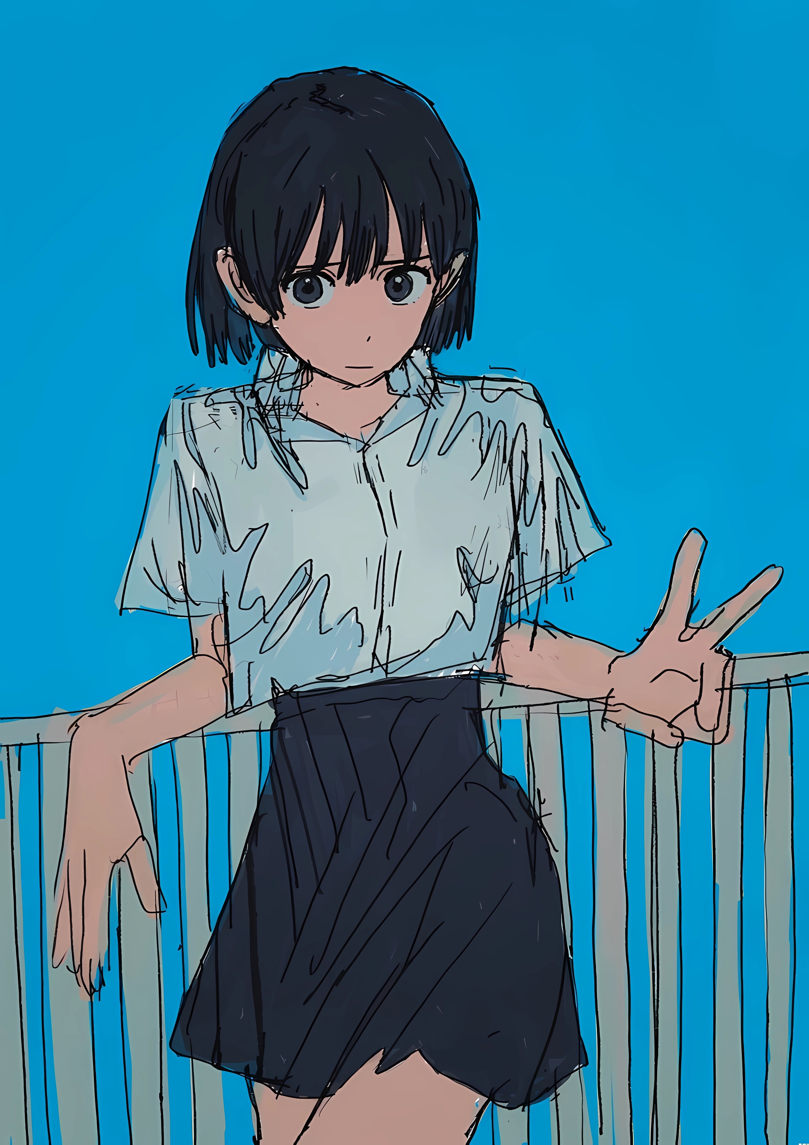 Anime 2800x3964 anime Komugiko2000 anime girls peace sign schoolgirl school uniform looking at viewer blue background simple background short hair minimalism