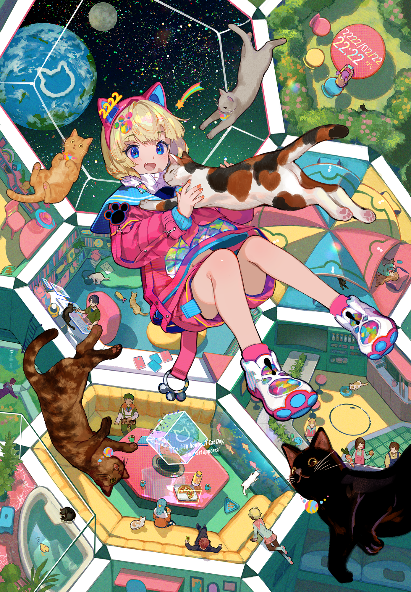 Anime 1390x2000 Wisteria choco (Fujiwara) cats space antigravity anime girls portrait display animals planet blonde short hair cat ears loli