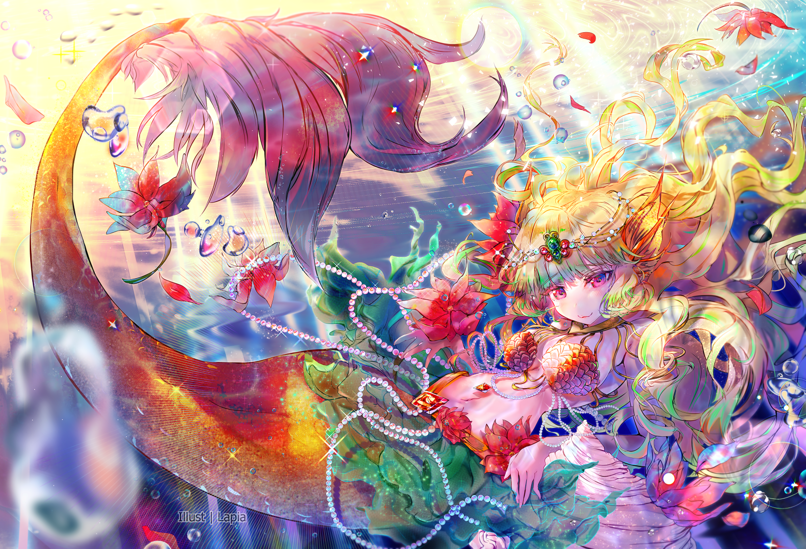 Anime 1628x1109 mermaids anime anime girls smiling tail flowers petals water drops sunlight pearl necklace sunset glow jewelry looking at viewer long hair