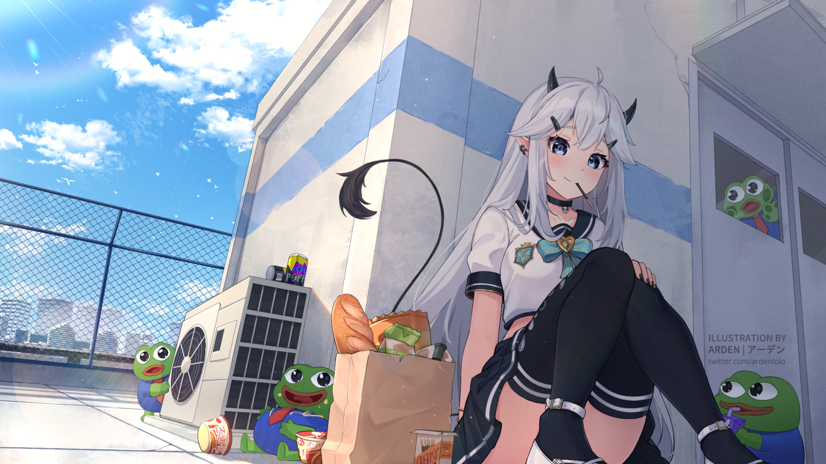 Anime 1620x911 anime anime girls Veibae pointy ears horns tail rainbows sky clouds Pepe (meme) smiling looking at viewer stockings schoolgirl school uniform bow tie fence rooftops Ardenlolo Virtual Youtuber