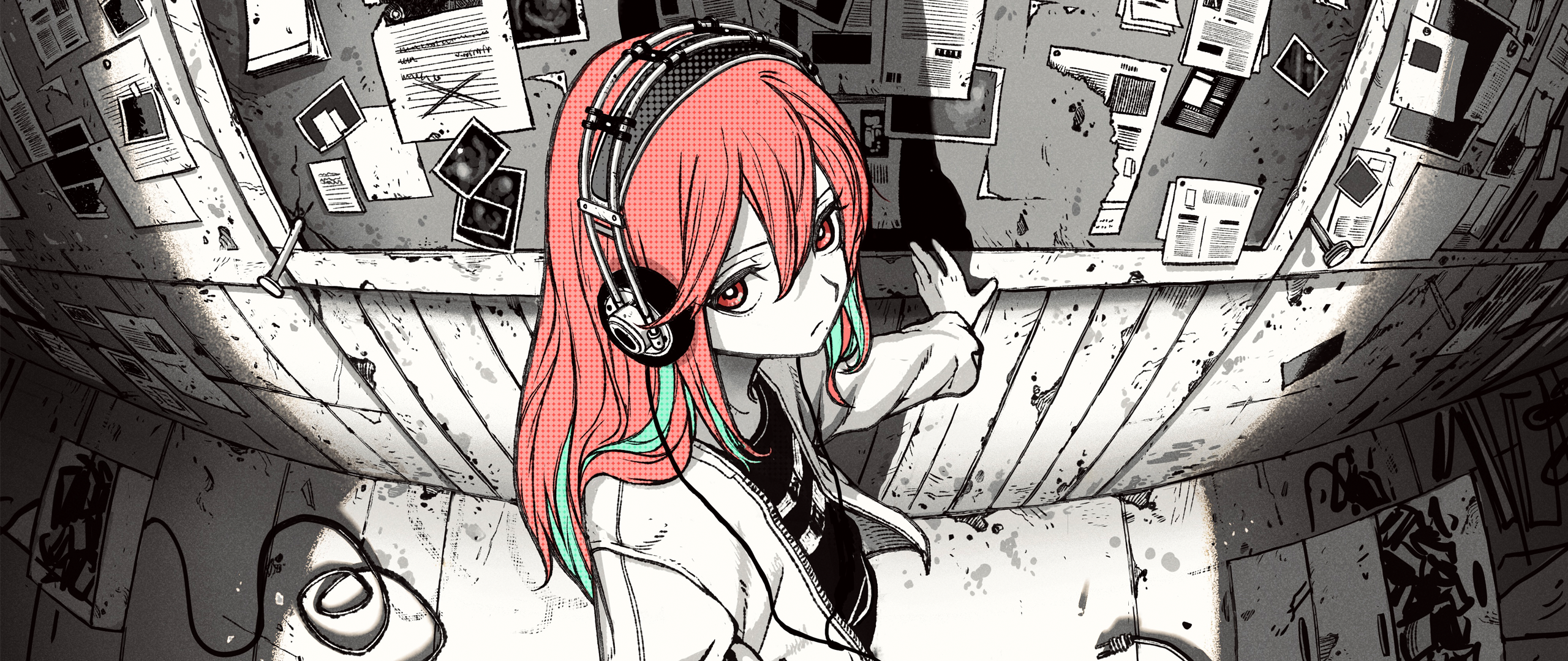 Anime 2560x1080 anime girls selective coloring headphones high angle long hair
