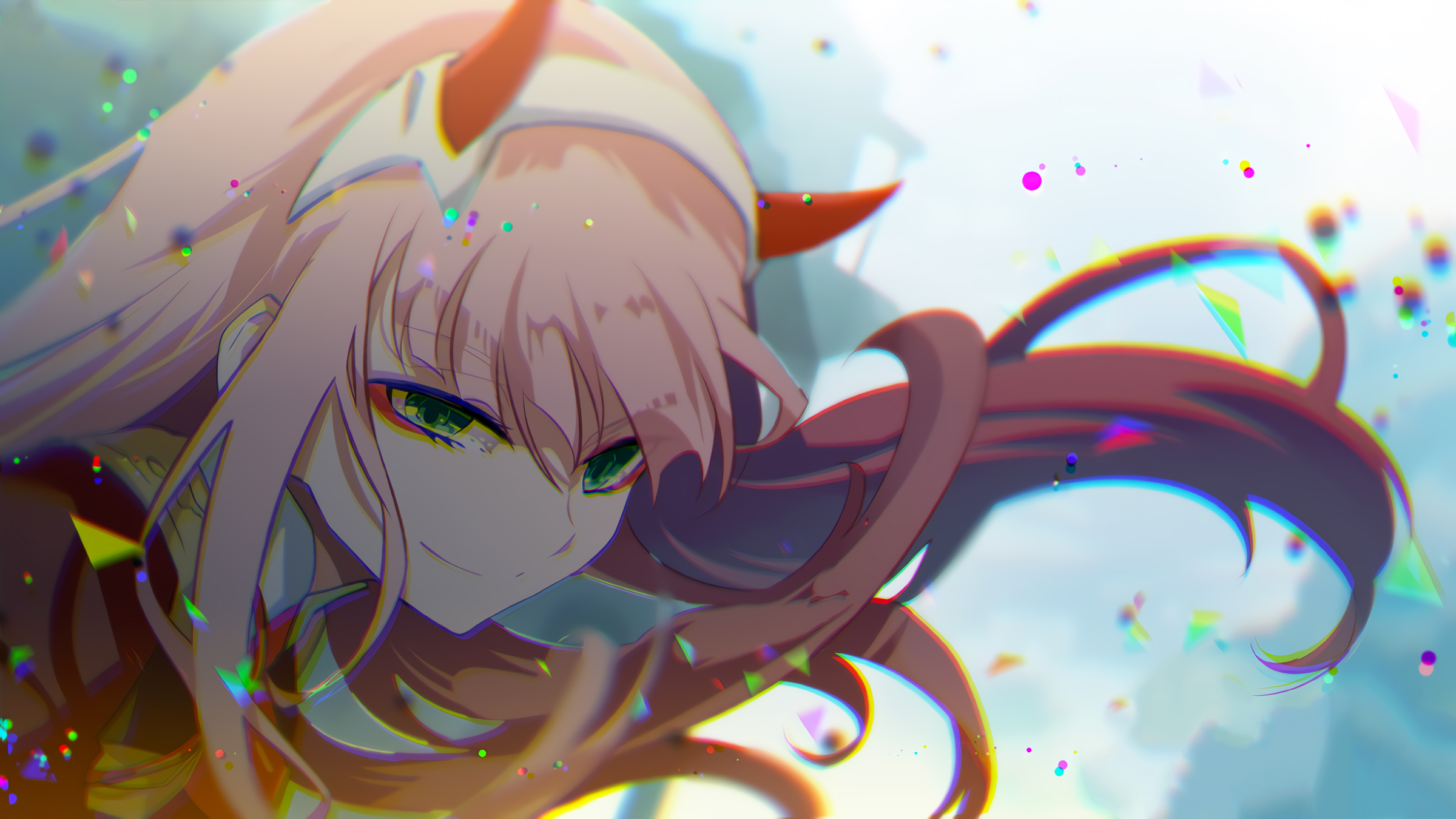 Anime 2400x1350 Zero Two (Darling in the FranXX) Darling in the FranXX smiling anime girls long hair looking at viewer pink hair green eyes