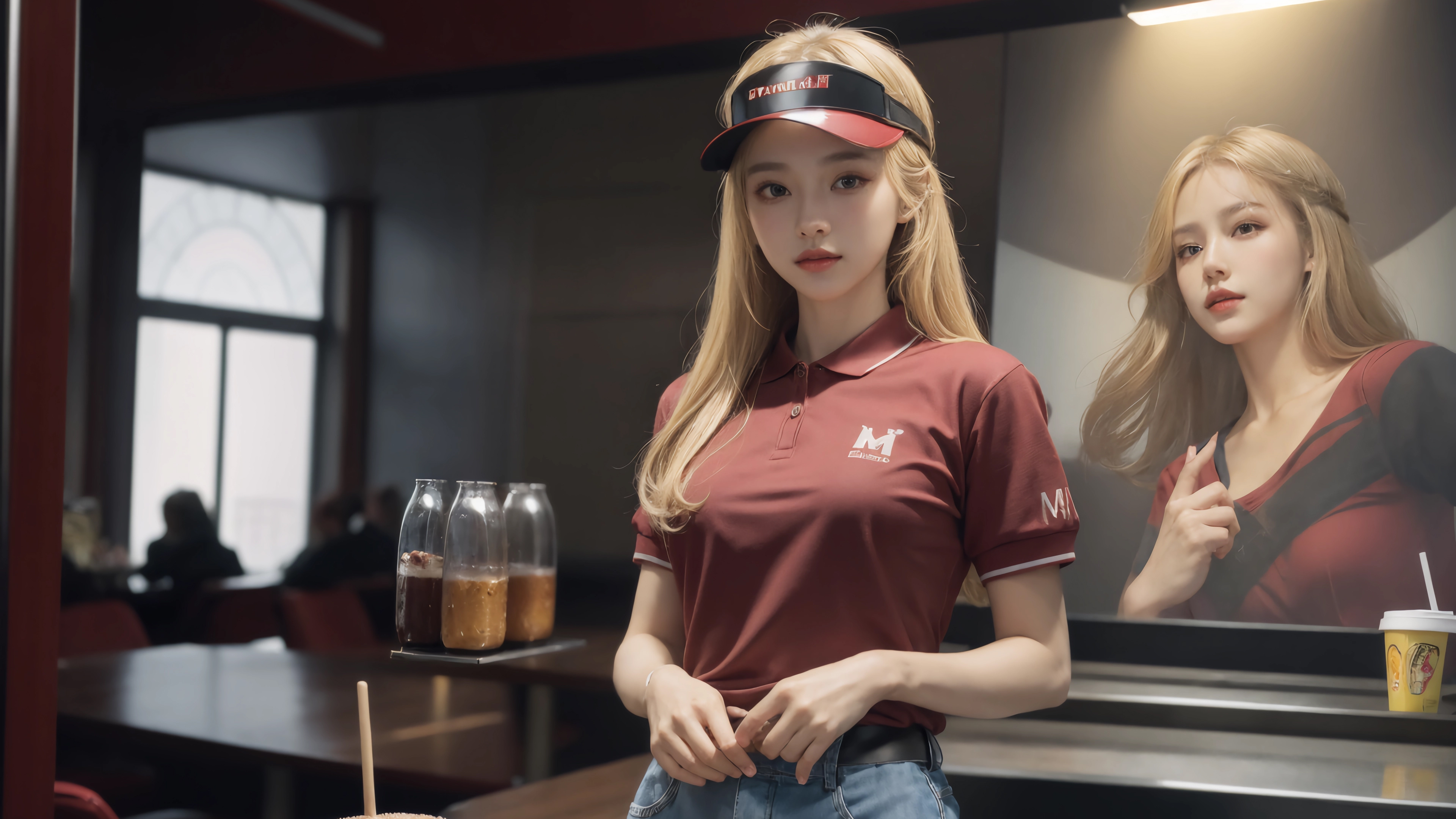 General 3840x2160 blonde restaurant AI art Asian women looking at viewer hat uniform drink lights