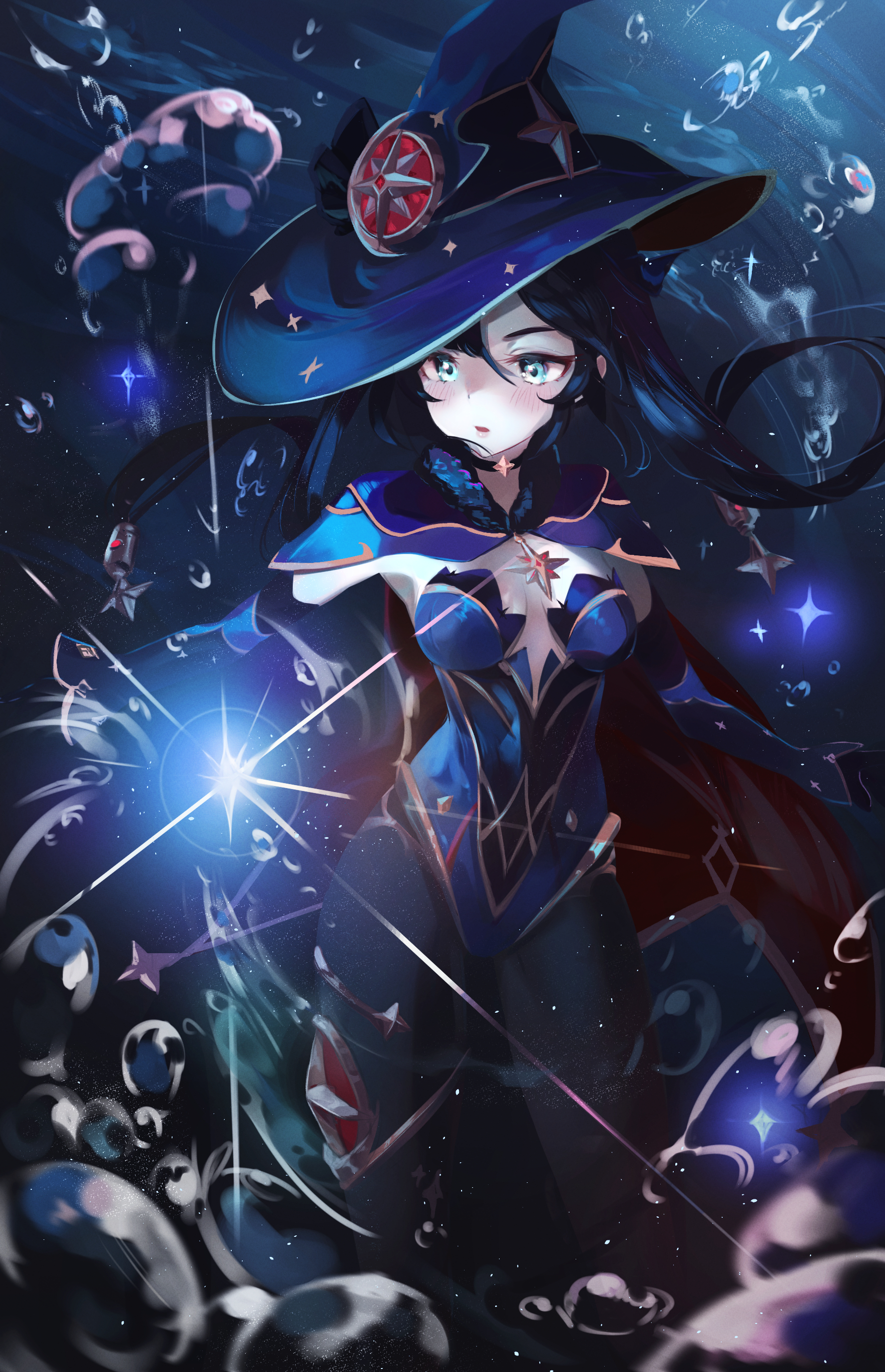 Anime 1768x2742 Timo Wei95 anime girls portrait display twintails Genshin Impact leotard underwater witch hat Mona (Genshin Impact) water long hair black hair pantyhose boobs blue eyes cleavage blue leotard blushing choker bubbles spell lights water drops