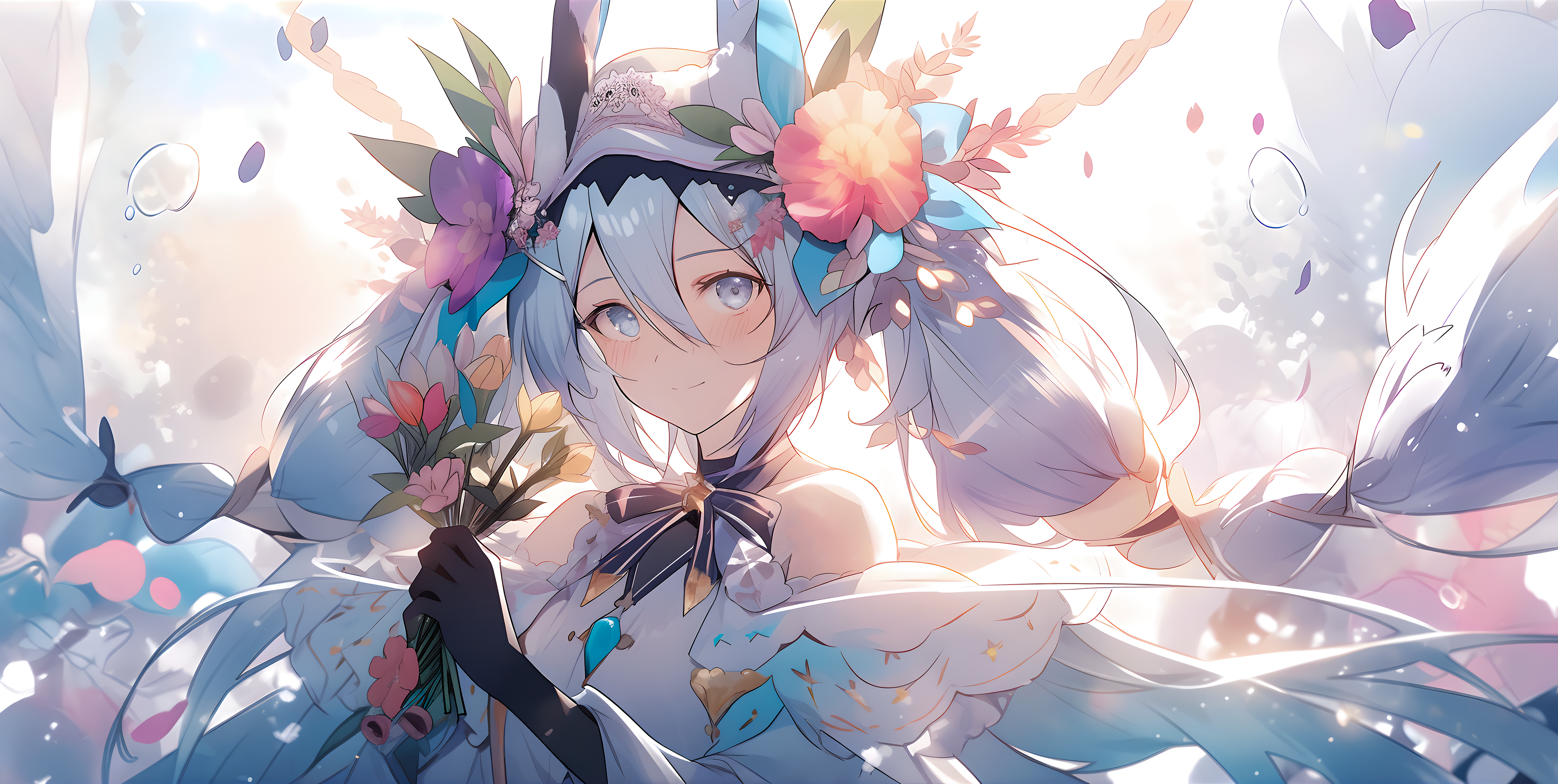 Anime 4686x2360 AI art colorful flowers flowers looking at viewer blushing smiling anime girls long hair flower in hair bow tie bubbles blue hair blue eyes