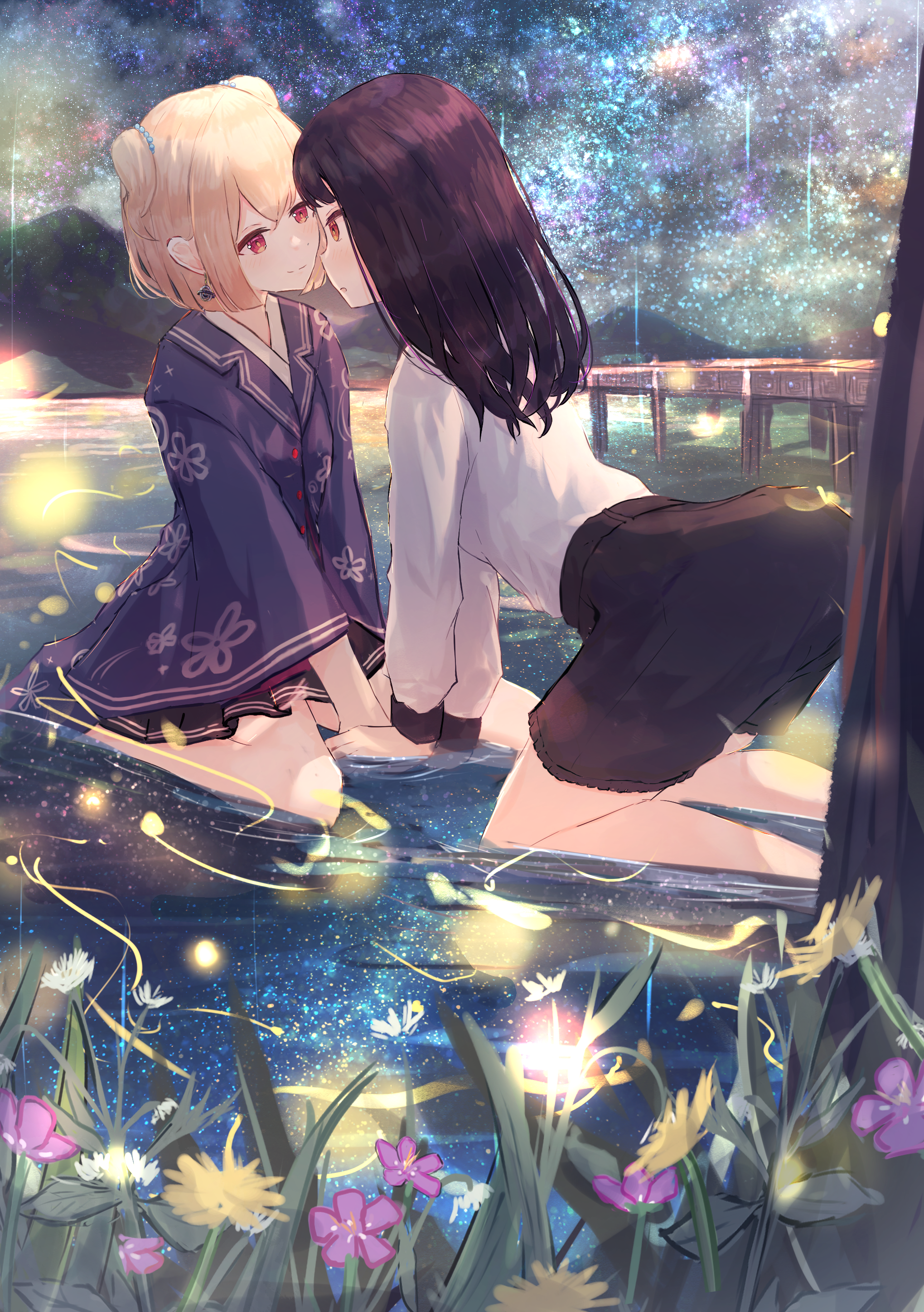 Anime 2039x2894 anime anime girls Pixiv portrait display water yuri lesbians bent over leaves flowers