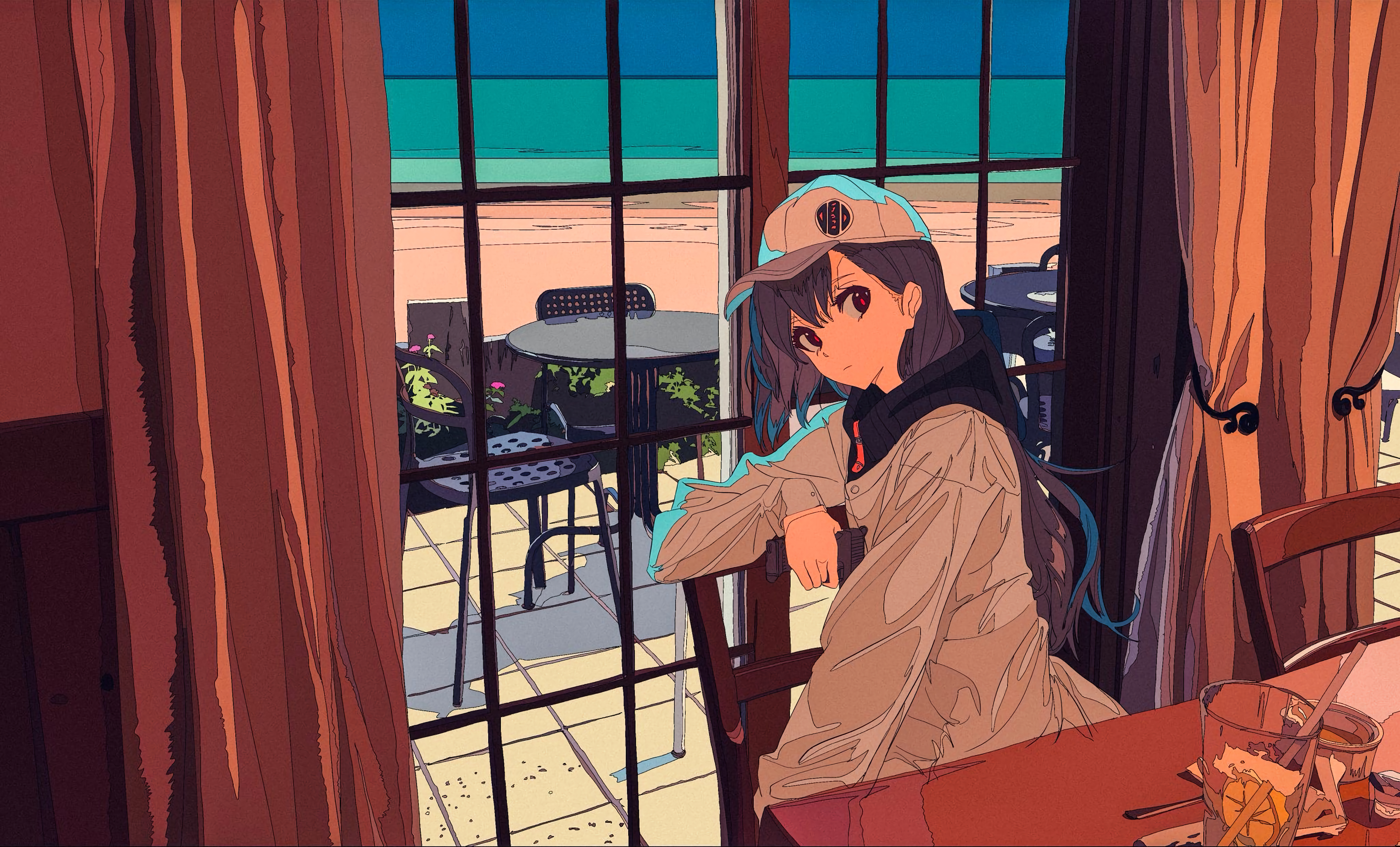 Anime 4096x2478 Cogecha anime anime girls hat long hair looking at viewer window chair table curtains sitting drink