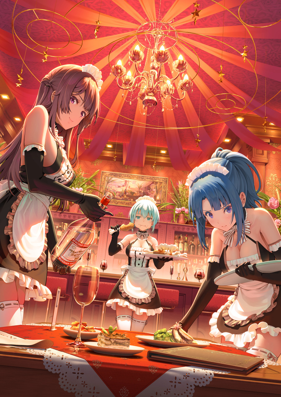 Anime 906x1280 Pinakes portrait display anime girls women trio maid outfit maid anime girls eating food indoors black gloves elbow gloves alcohol wine glass plants boobs cleavage low-angle eating looking at viewer frills stockings chandeliers apron detached sleeves flowers bare shoulders bottles headdress