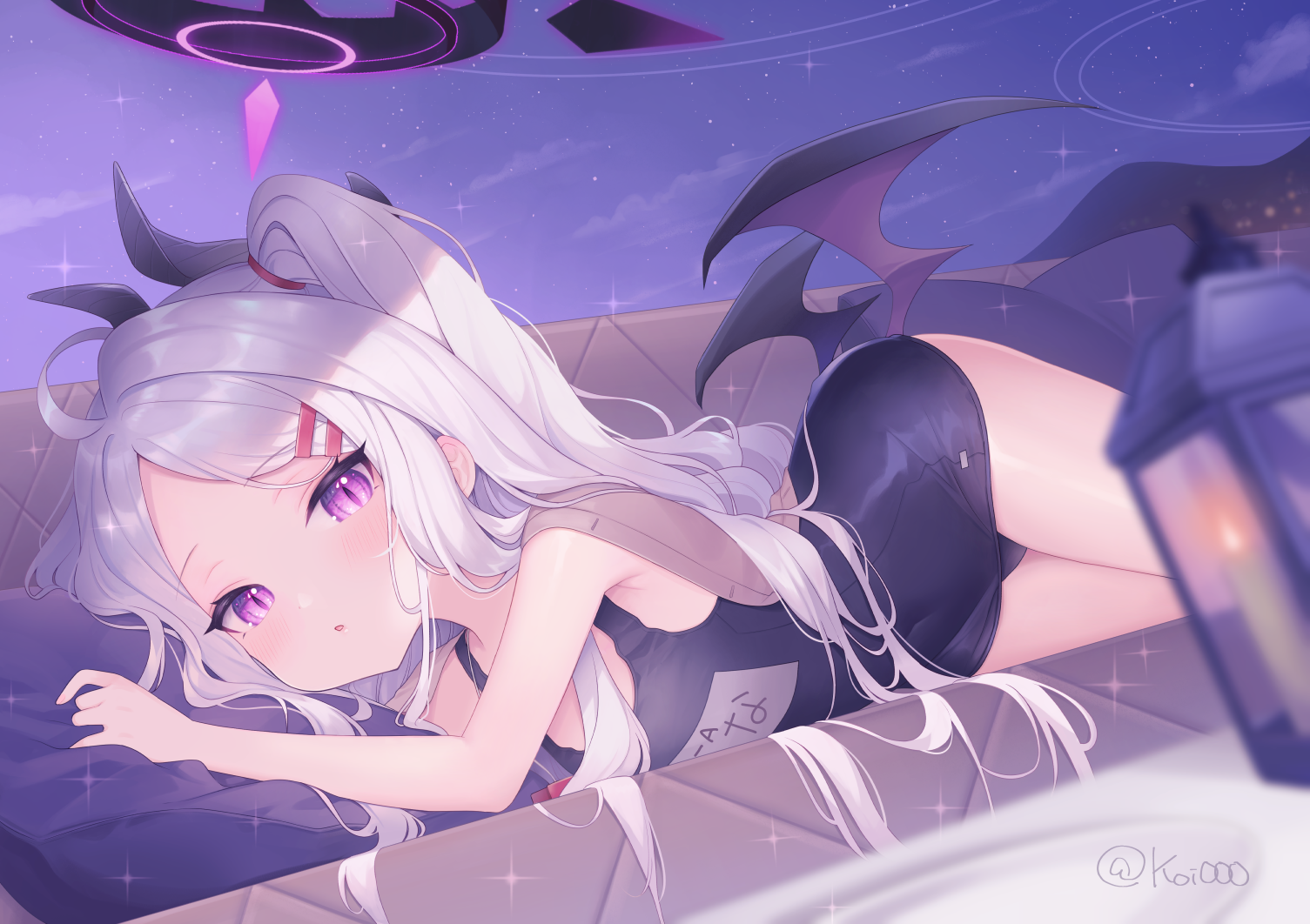 Anime 1505x1062 Sorasaki Hina (Blue Archive) Blue Archive swimwear anime girl with wings anime girls purple eyes lying on front long hair one-piece swimsuit pillow stars sky clouds looking at viewer horns blushing wings loli white hair watermarked