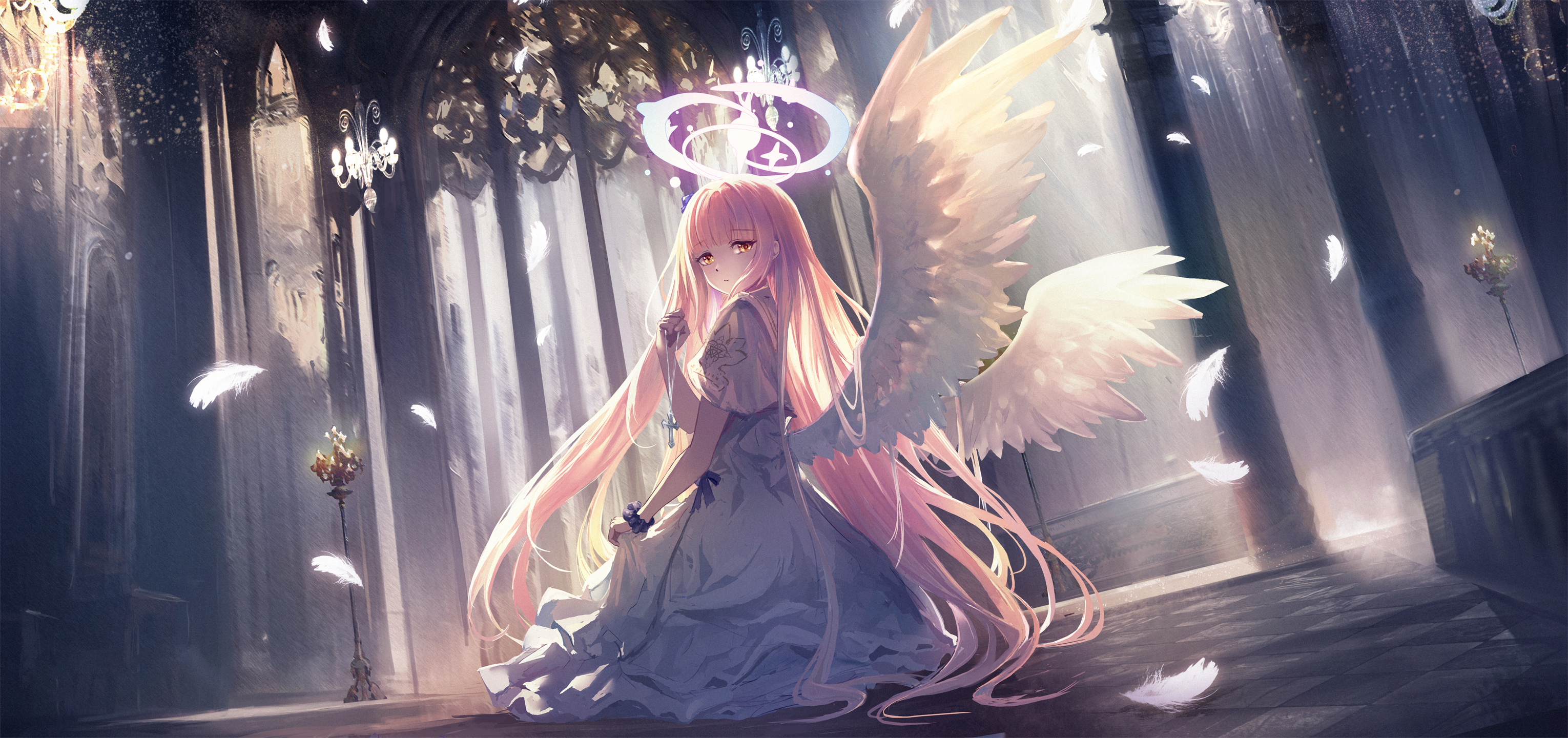 Anime 3060x1440 Misono Mika anime angel wings wings feathers looking at viewer long hair pink hair white dress cathedral yellow eyes chandeliers Blue Archive anime girls