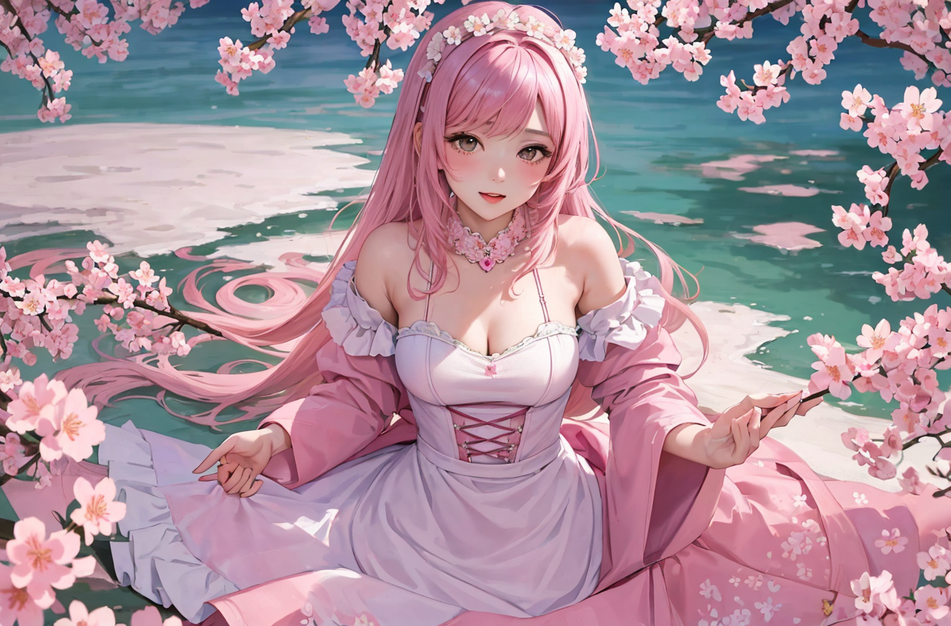 Anime 1360x896 Stable Diffusion stable AI art flowers Asian women long hair looking at viewer cleavage flower in hair dress water branch cherry blossom blushing