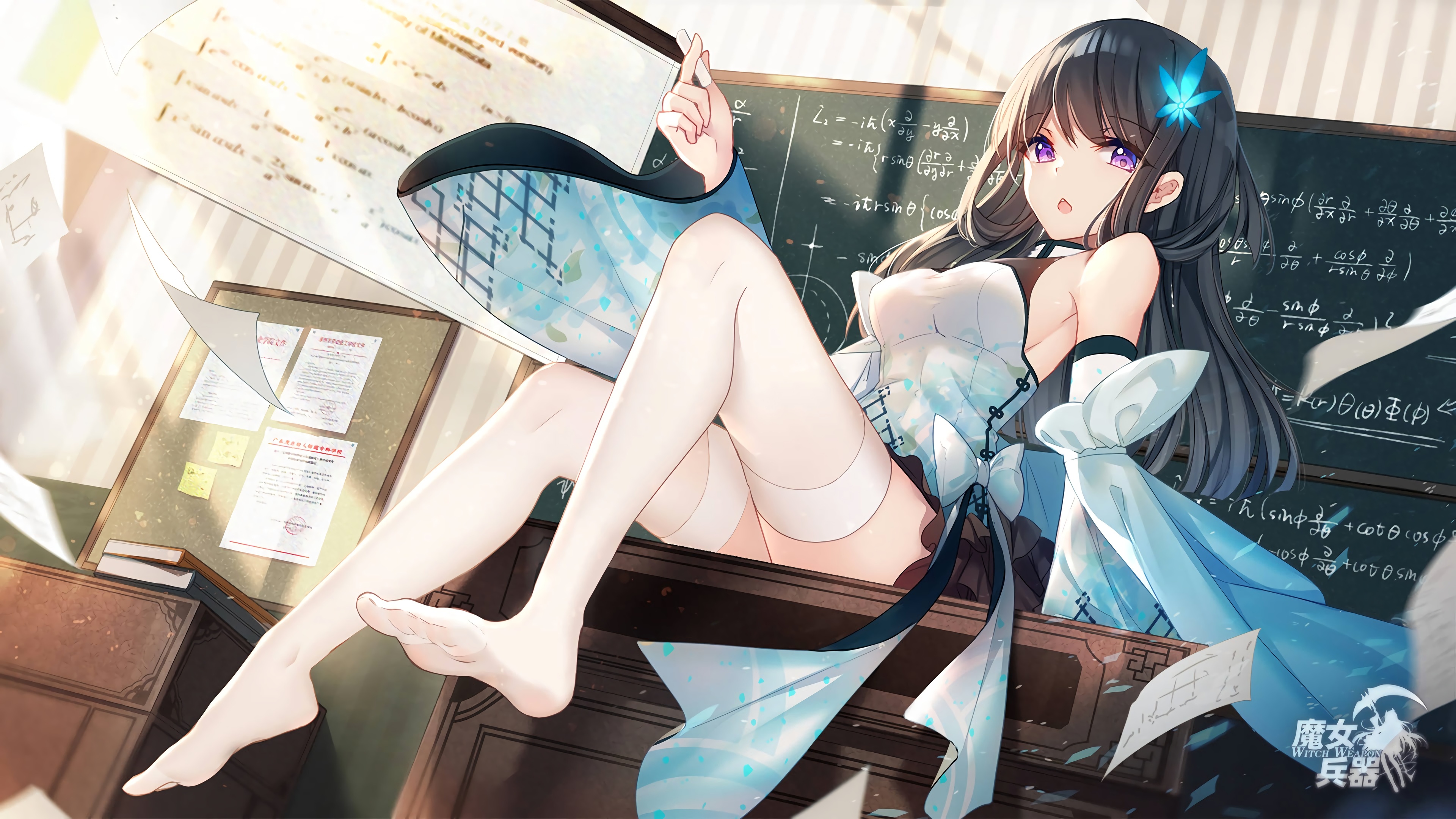 Anime 3840x2160 anime girls long hair white stockings stockings looking at viewer low-angle big boobs open mouth sheets formula equation hair ornament sitting feet paper sunlight purple eyes dark hair detached sleeves bison cangshu sideboob chalk math equation dress