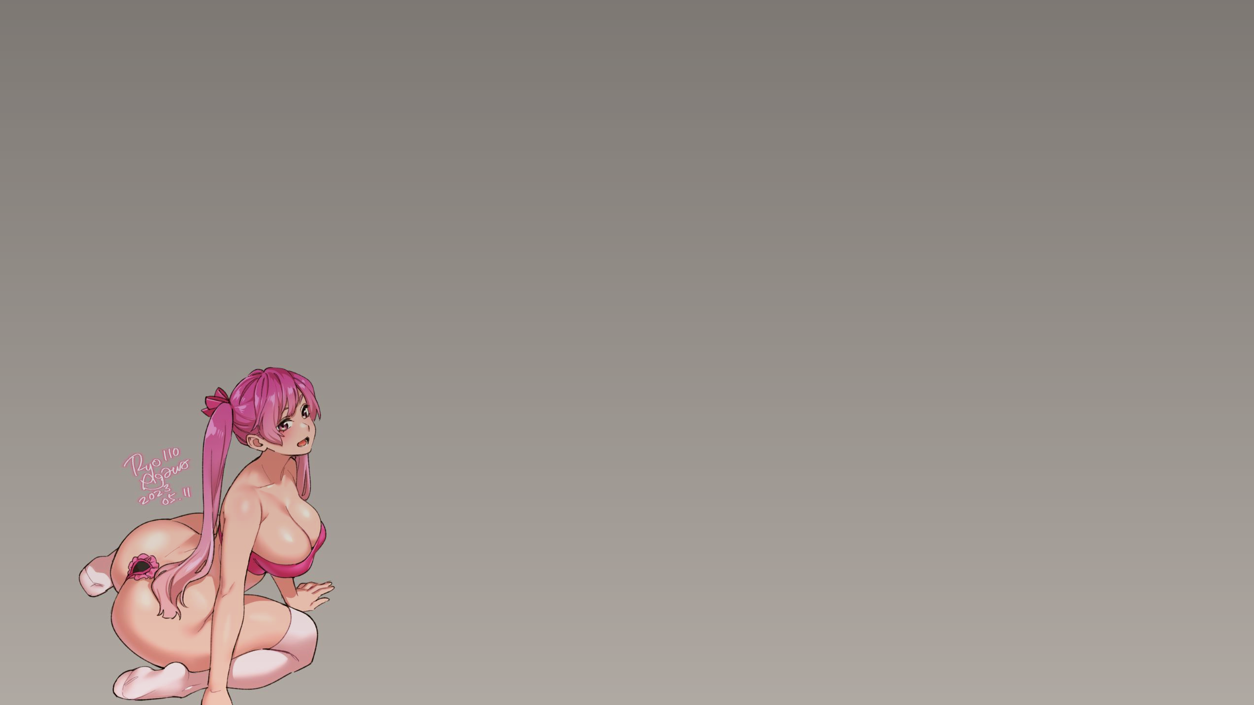 Anime 2560x1440 lingerie anime girls pink hair twintails pink lingerie panties pink panties ribbon pink ribbon thigh-highs white thigh highs cleavage big boobs pink eyes ass butt crack open mouth signature blushing looking at viewer simple background minimalism stockings long hair Agawa Ryo