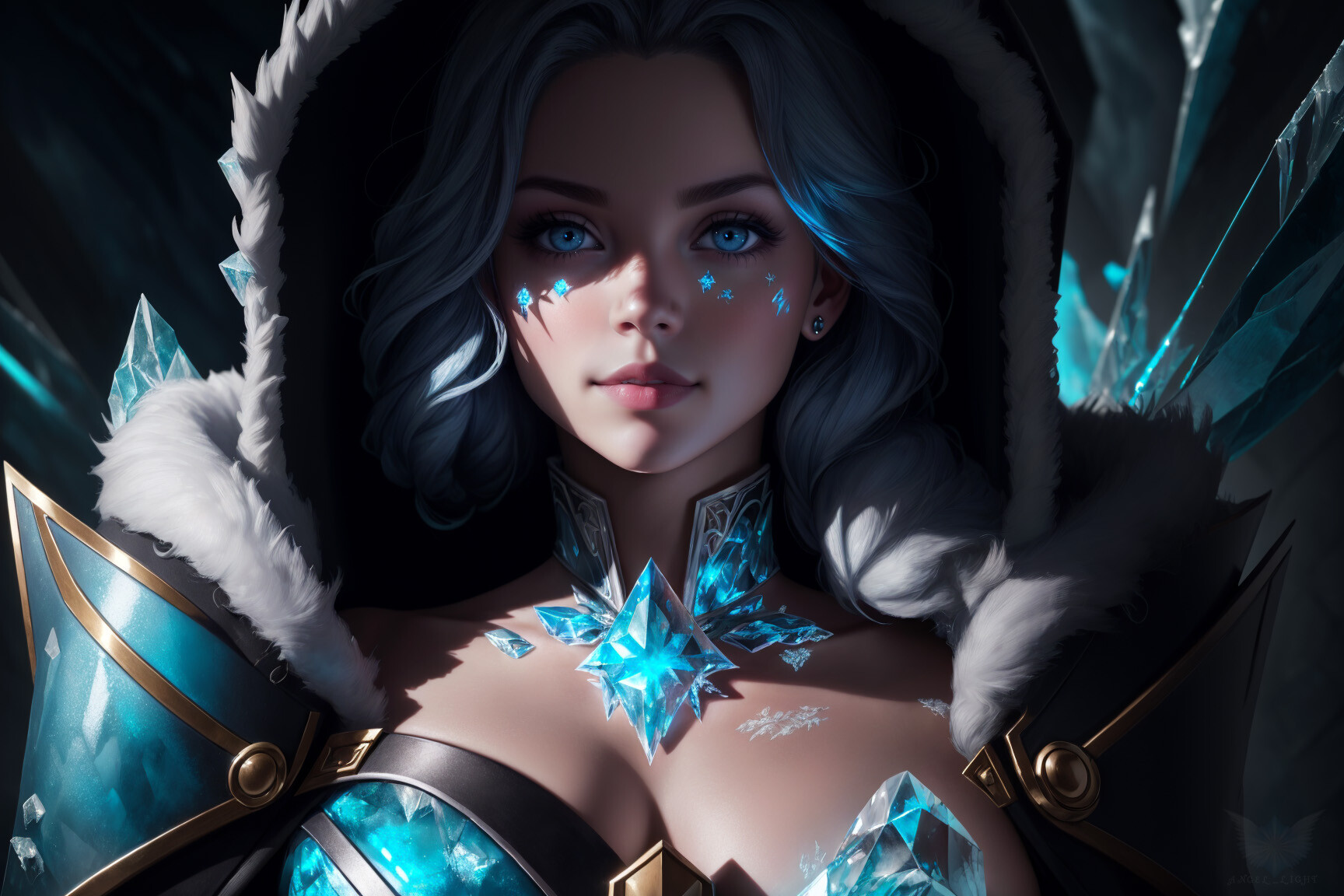 General 1728x1152 Angel Light AI art Stable Diffusion artwork women fantasy art fantasy girl blue eyes curly hair ice hoods looking at viewer blue hair
