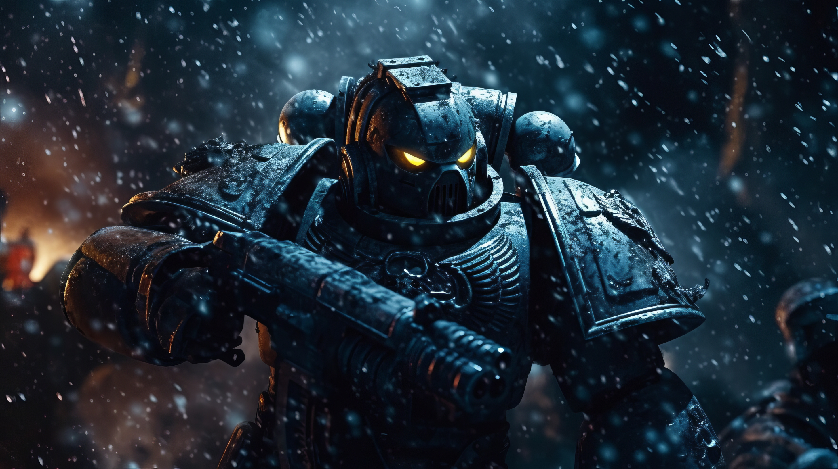 General 2912x1632 AI art illustration glowing eyes Warhammer 40,000 armor rain gun shotgun video game art video games