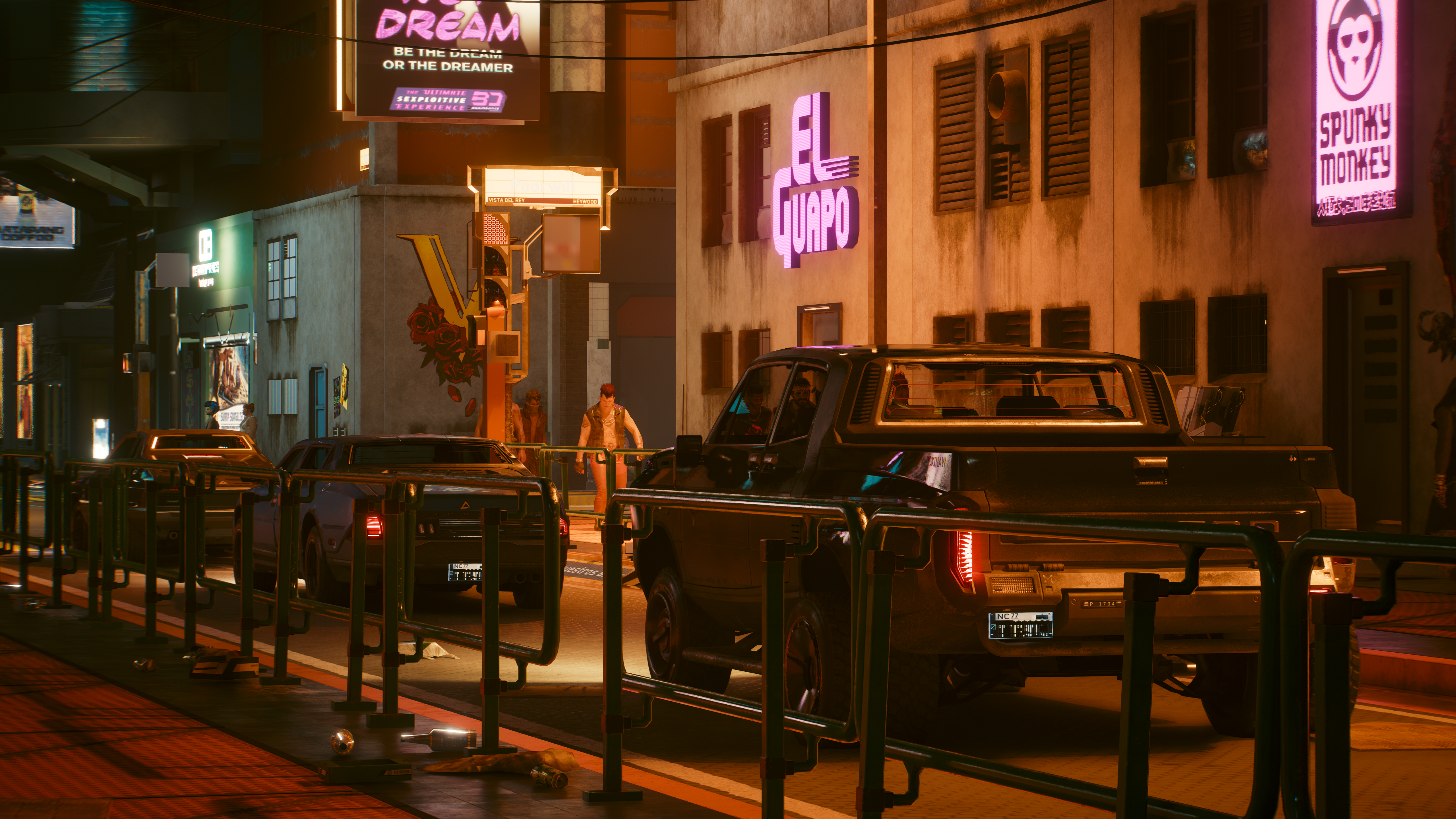 General 5120x2880 Cyberpunk 2077 video games Nvidia RTX path tracing neon signs rear view car taillights lights night building CGI