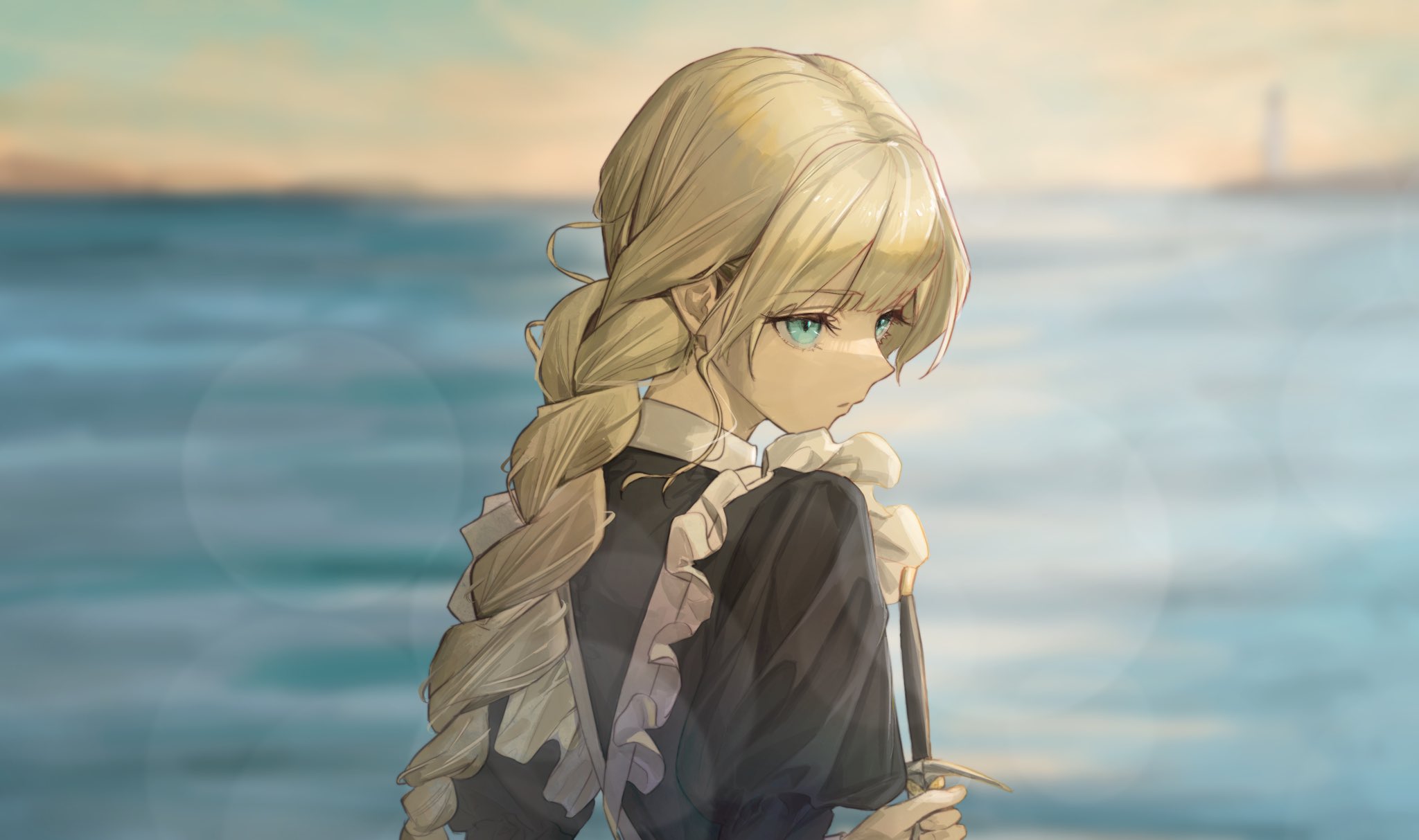 Anime 2048x1213 anime girls maid blonde looking over shoulder sea lighthouse sword blurry background braids blurred maid outfit looking away water