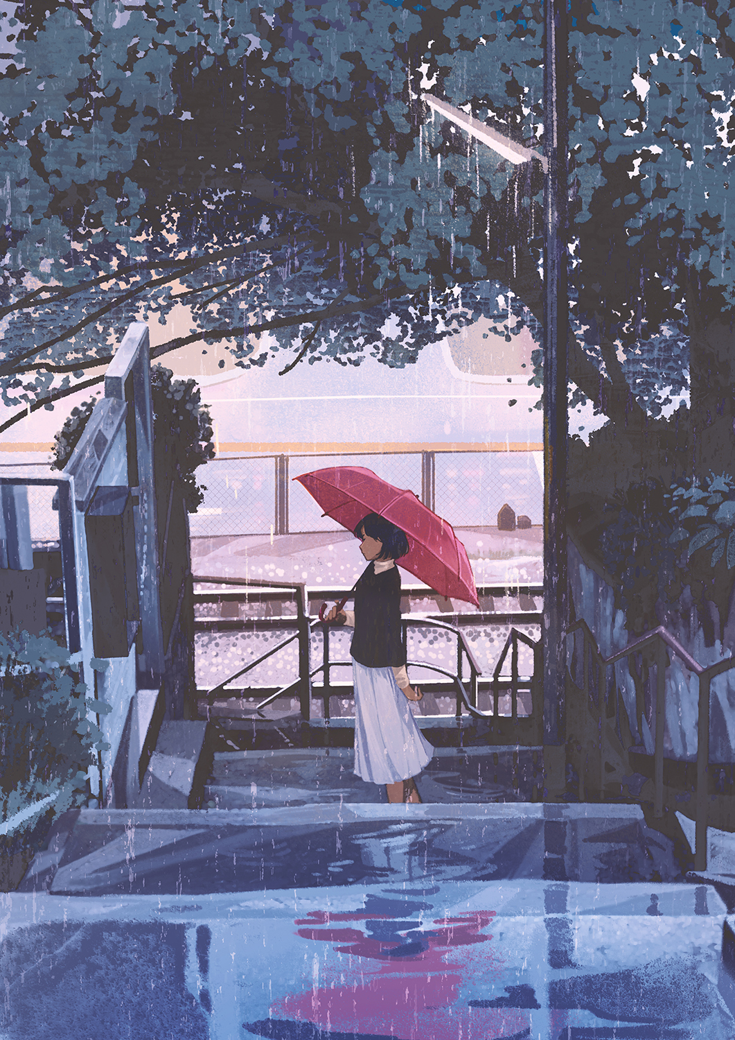 Anime 1061x1500 Pixiv artwork umbrella anime girls rain portrait display stairs reflection water