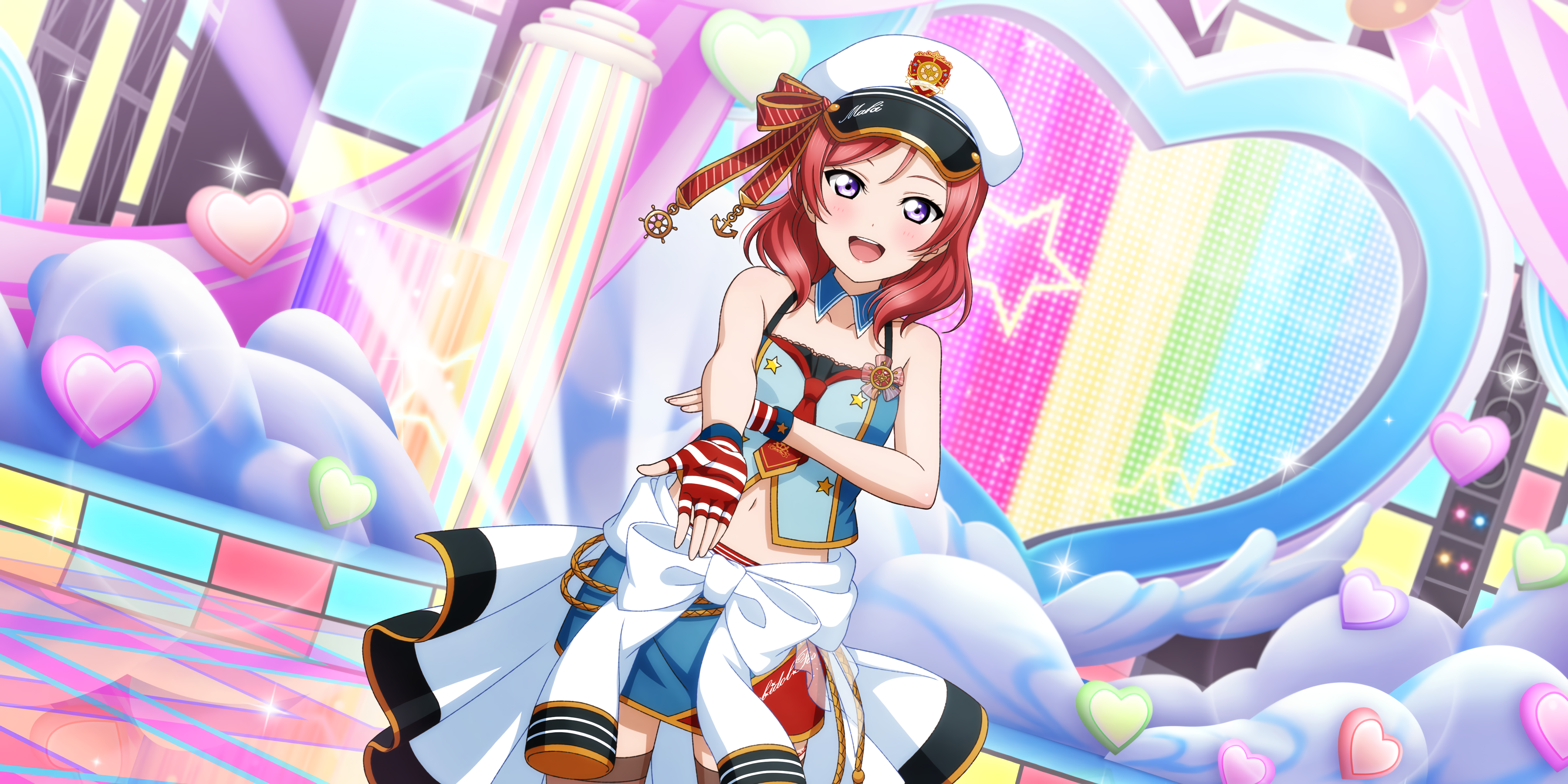 Anime 3600x1800 Nishikino Maki Love Live! anime girls stars stages stage light hat redhead gloves fingerless gloves heart (design) blushing looking at viewer bow tie uniform short hair