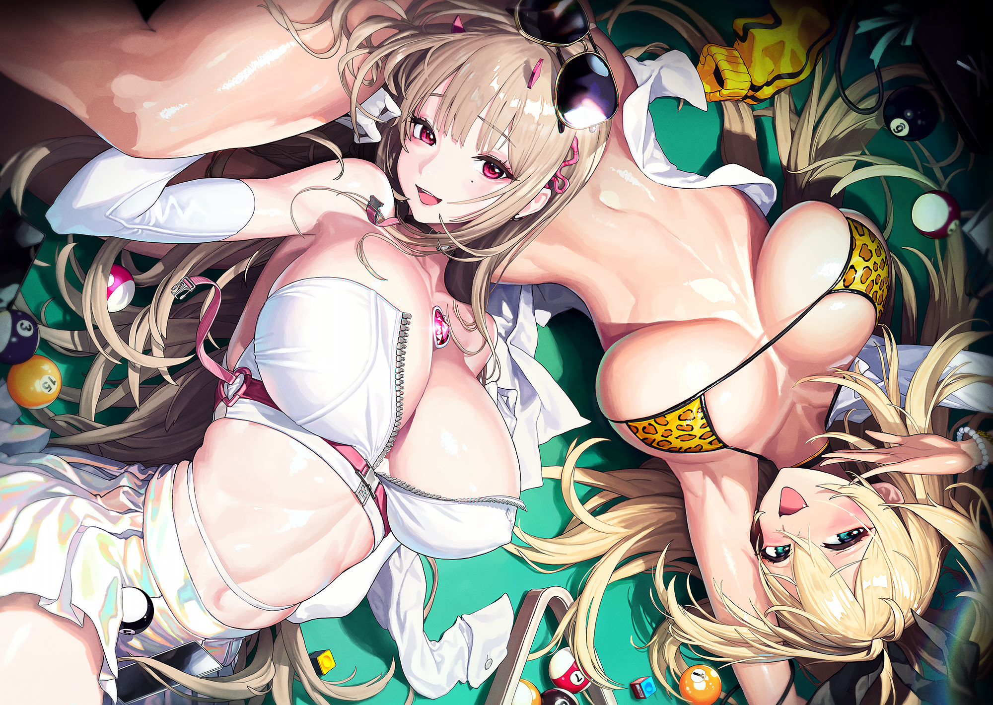 Anime 2000x1420 two women anime Viper (Nikke: The Goddess Of Victory) Rupee (Nikke: The Goddess of Victory) anime girls big boobs lying on back lying down moles mole under eye looking at viewer long hair belly belly button bikini top blonde sunglasses