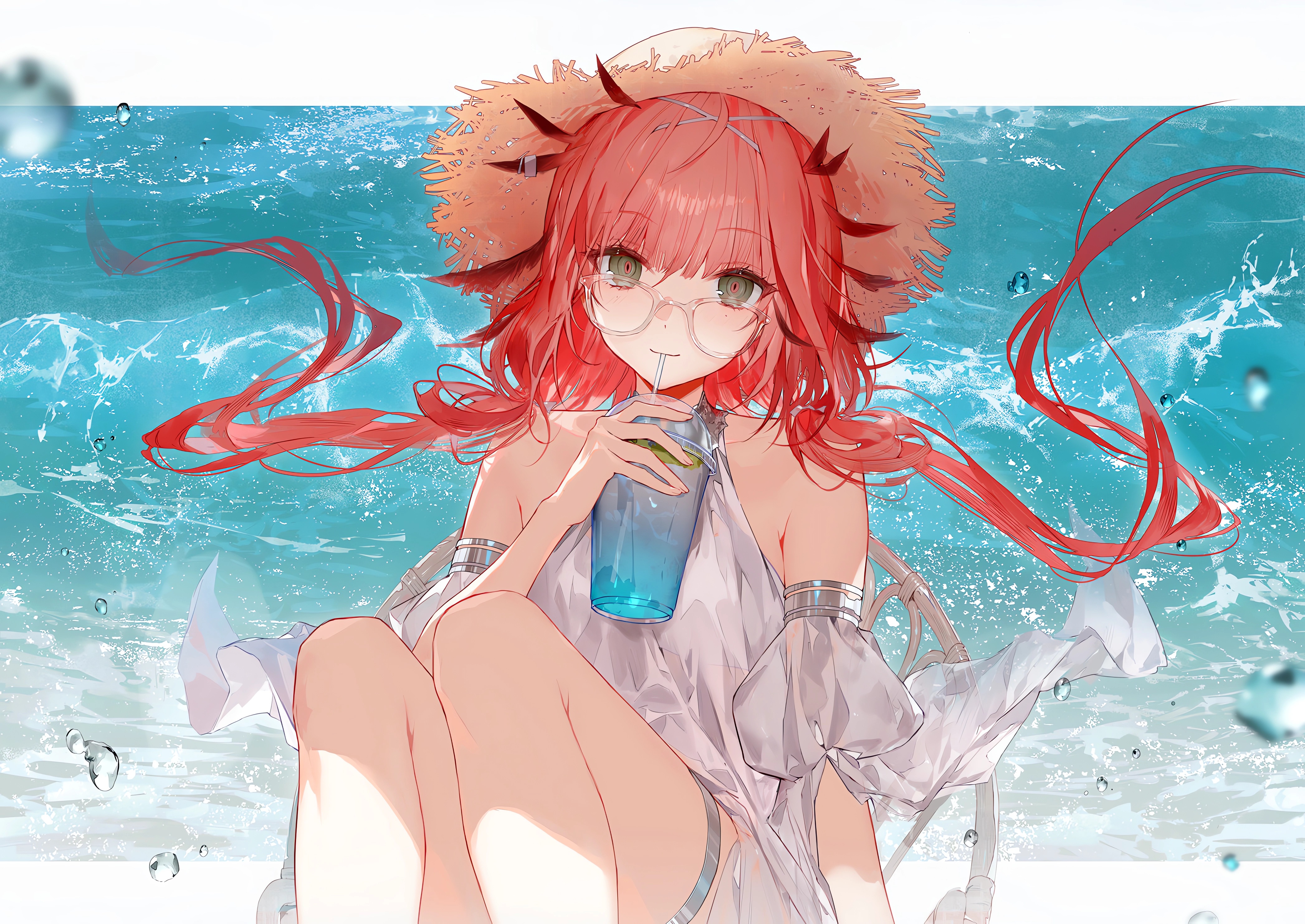 Anime 4188x2966 anime anime girls redhead straw hat looking at viewer water water drops drinking Arknights Erato (Arknights) drink long hair bare shoulders