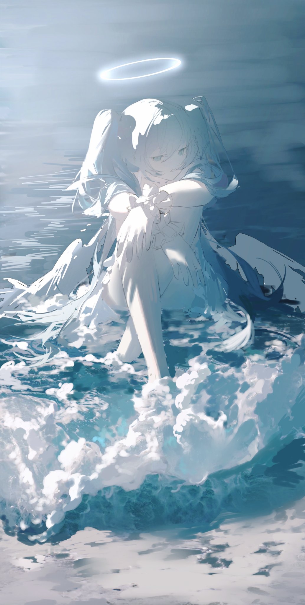 Anime 1034x2048 anime anime girls Hatsune Miku Vocaloid twintails long hair blue hair blue eyes halo water waves looking at viewer gloves artwork portrait display Guluglutton