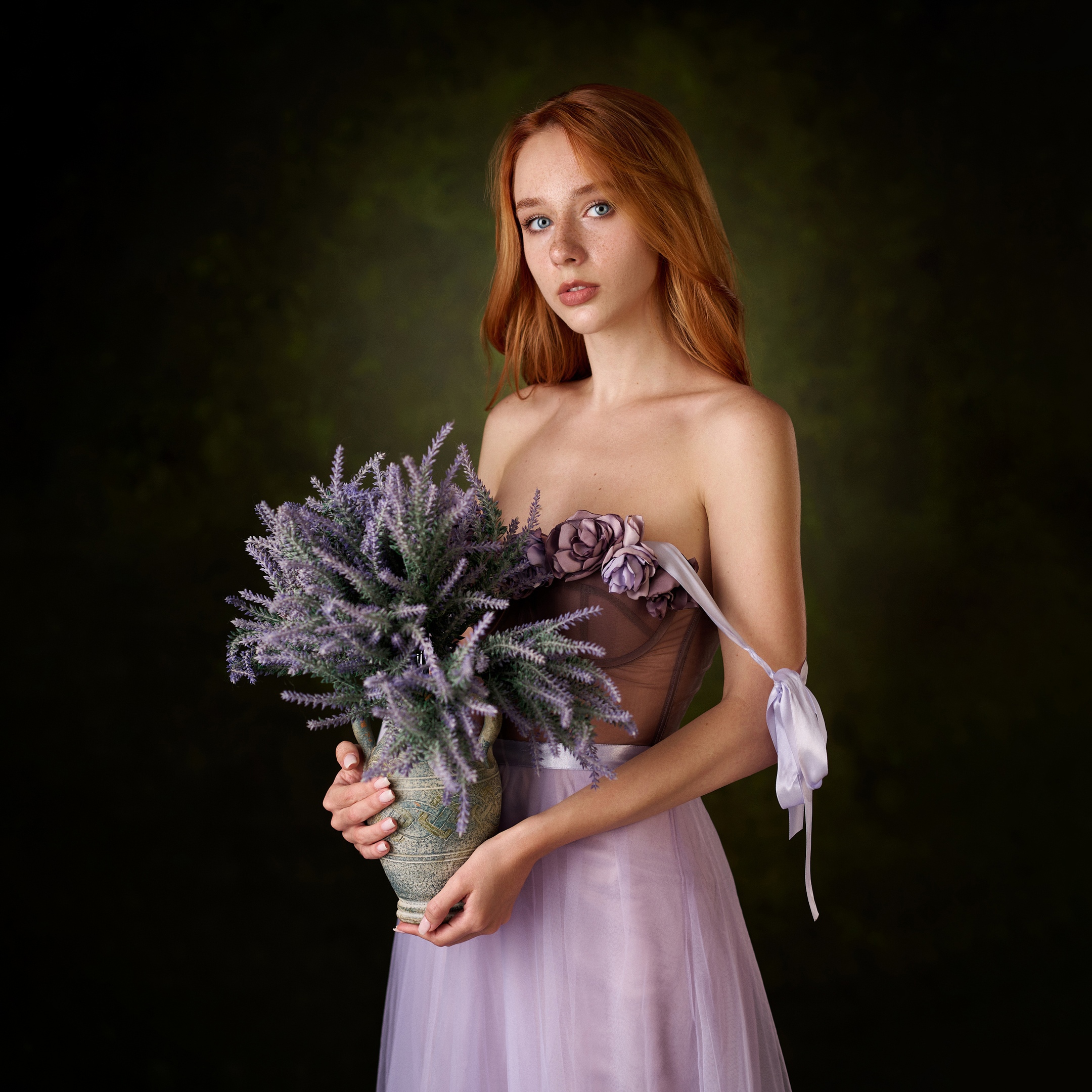People 2160x2160 Max Pyzhik women Elizaveta Kurilko freckles bare shoulders plants simple background