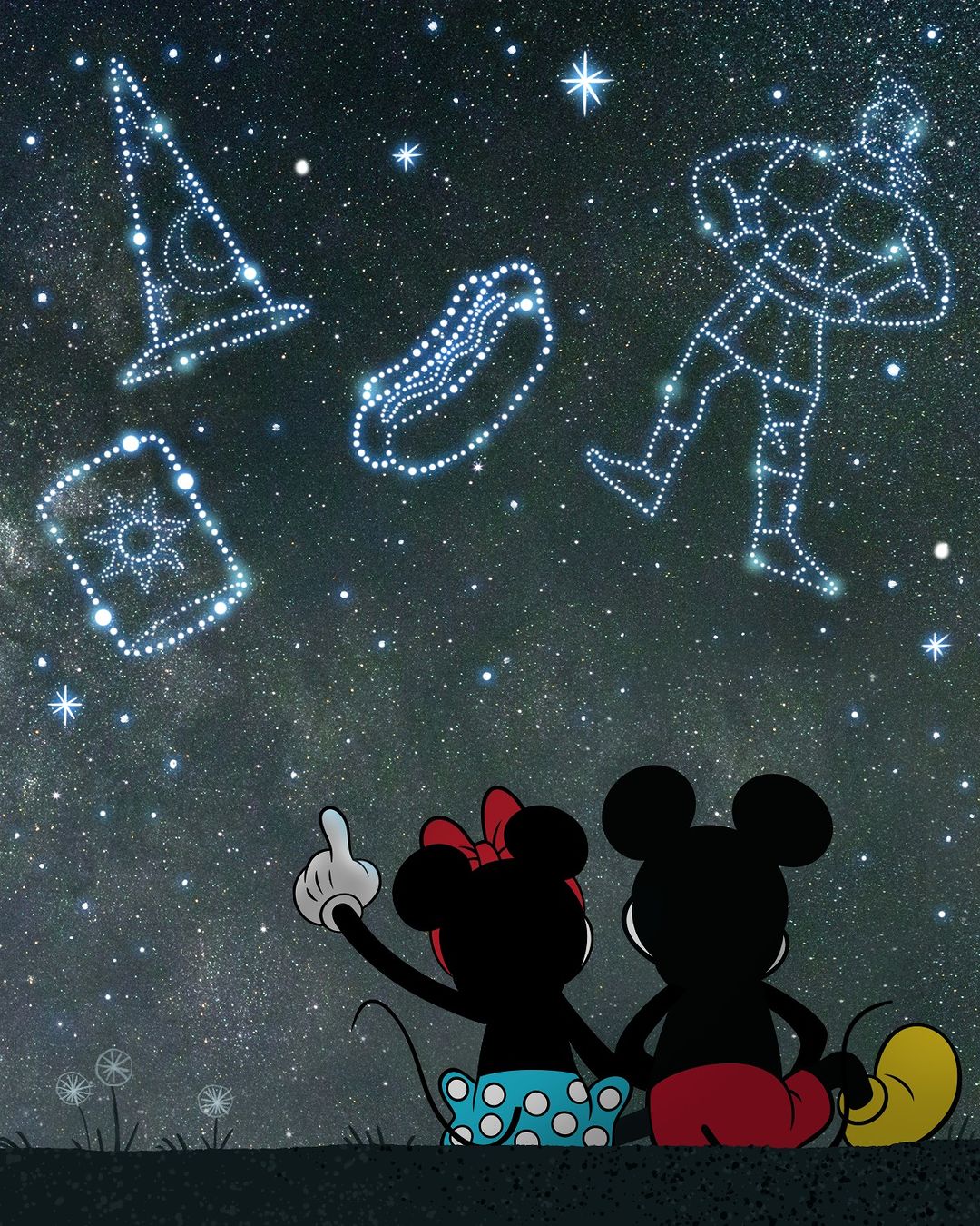 General 1080x1350 Mickey Mouse Minnie Mouse stars sky hot dogs constellations gloves finger pointing sitting night portrait display