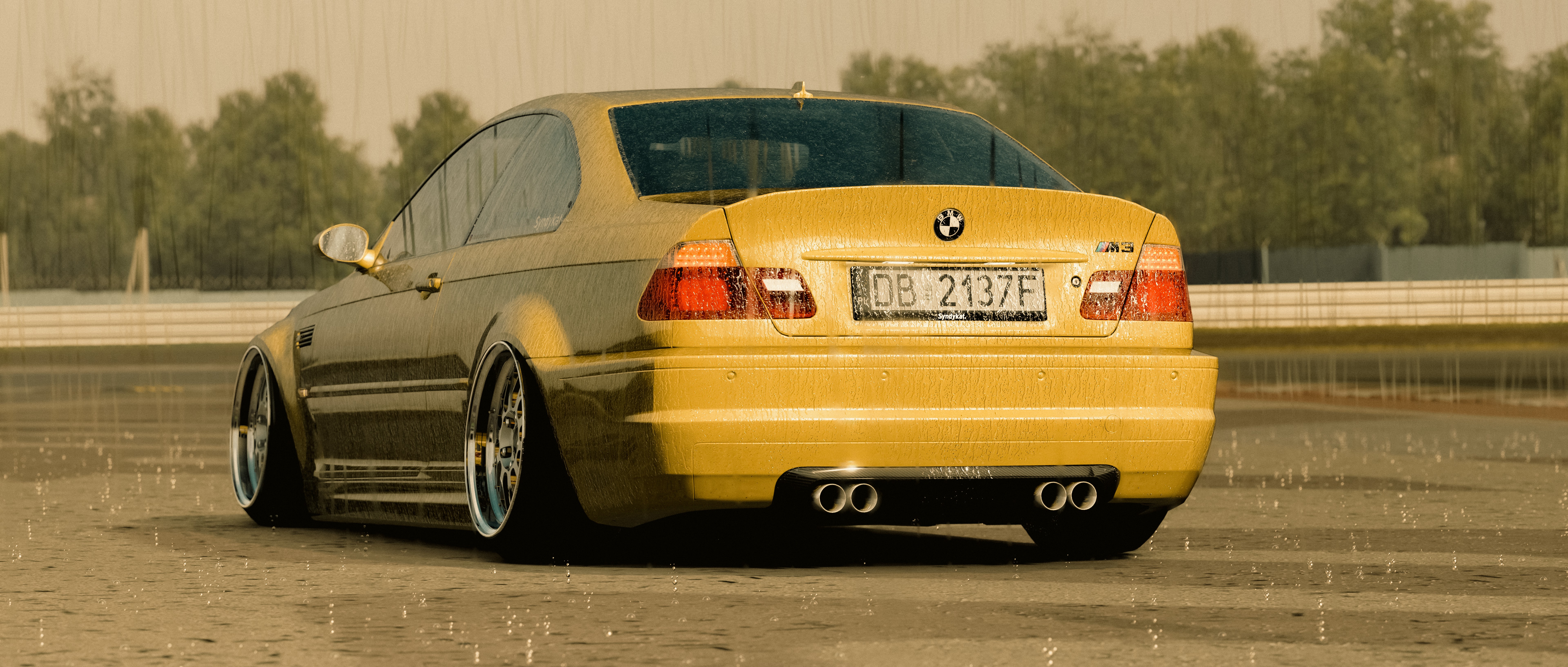 General 7680x3269 BMW BMW E46 BMW M3  Assetto Corsa PC gaming rain race tracks car rear view licence plates video game art trees video games