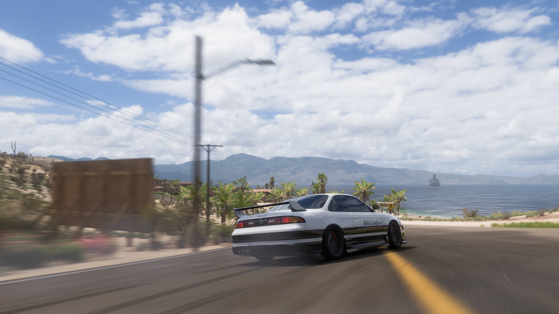 General 1920x1080 Initial D Nissan Silvia S14 Forza Horizon 5 Nissan Japanese cars video games PlaygroundGames sky clouds rear view video game art CGI motion blur palm trees billboards taillights