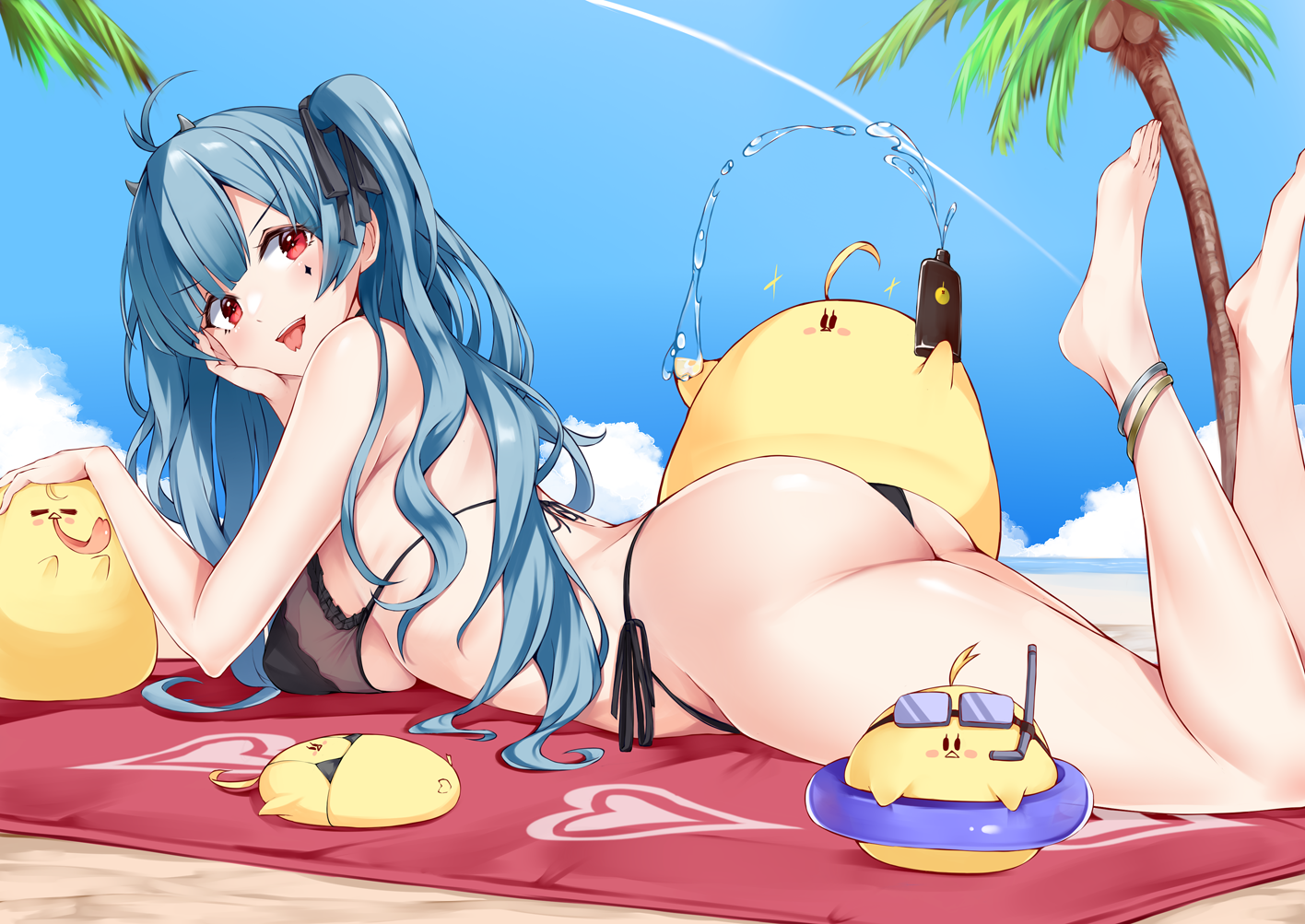 Anime 1416x1003 anime anime girls lying down lying on front Azur Lane big boobs bikini palm trees Manjuu (Azur Lane) sand long hair twintails blue hair red eyes tongue out blushing Split Tongue feet clouds feet in the air floater blankets anklet hand on face lotion looking back bright