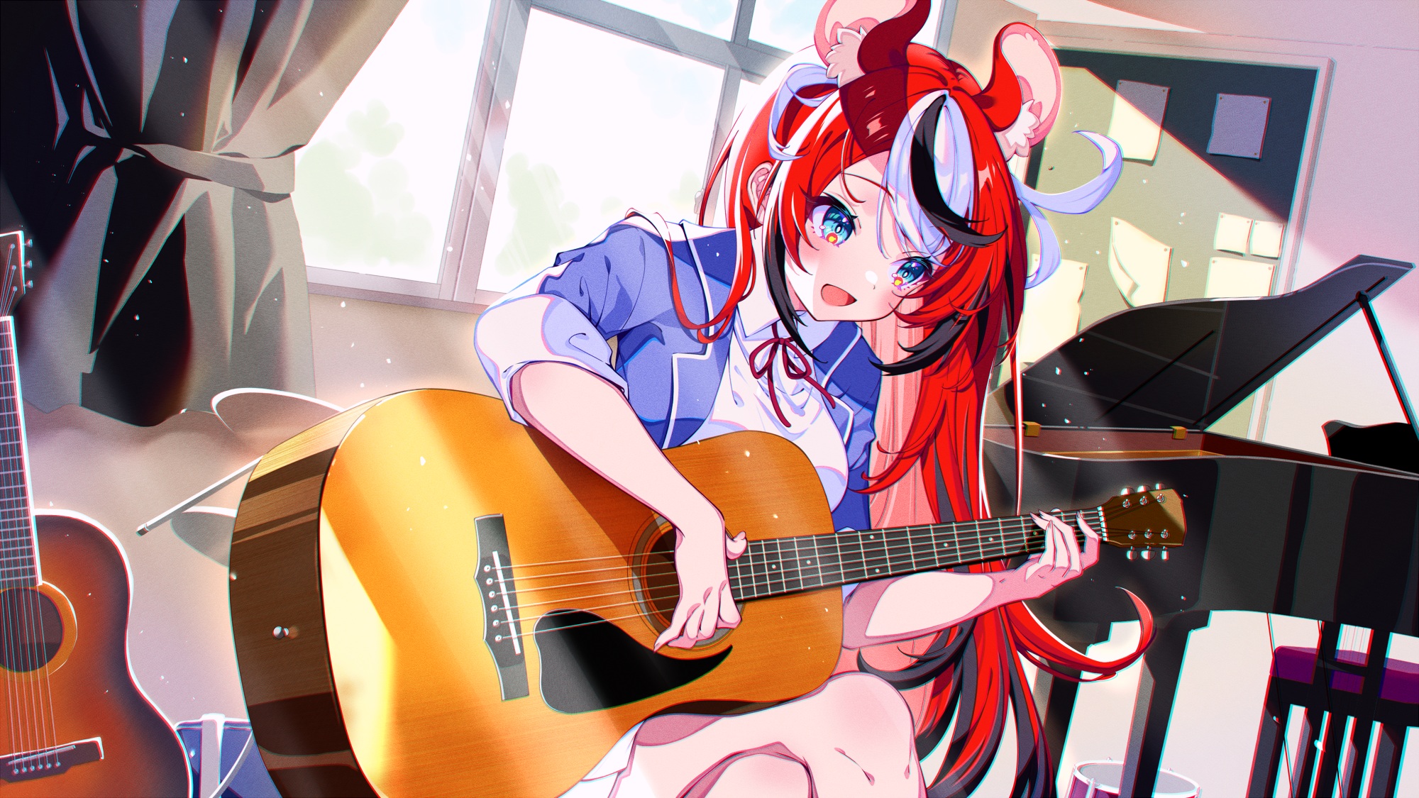 Anime 2000x1125 anime anime girls Virtual Youtuber guitar Hololive English piano Hakos Baelz long hair curtains interior multi-colored hair window schoolgirl school uniform musical instrument sitting open mouth sunlight women indoors drums legs crossed animal ears mouse girls mouse ears